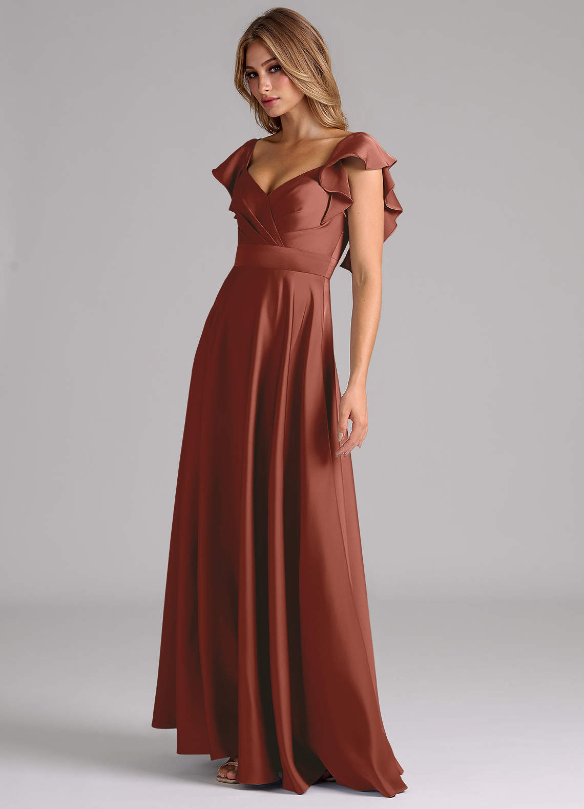 Azazie Leilani Bridesmaid Dresses Auburn A-Line Ruched Stretch Satin Dress image7
