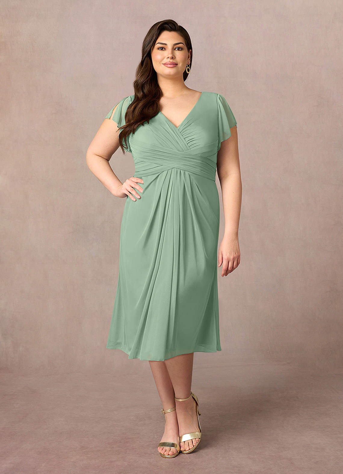 Azazie Vera Mother of the Bride Dresses Matcha A-Line V-Neck Pleated Mesh Dress image1