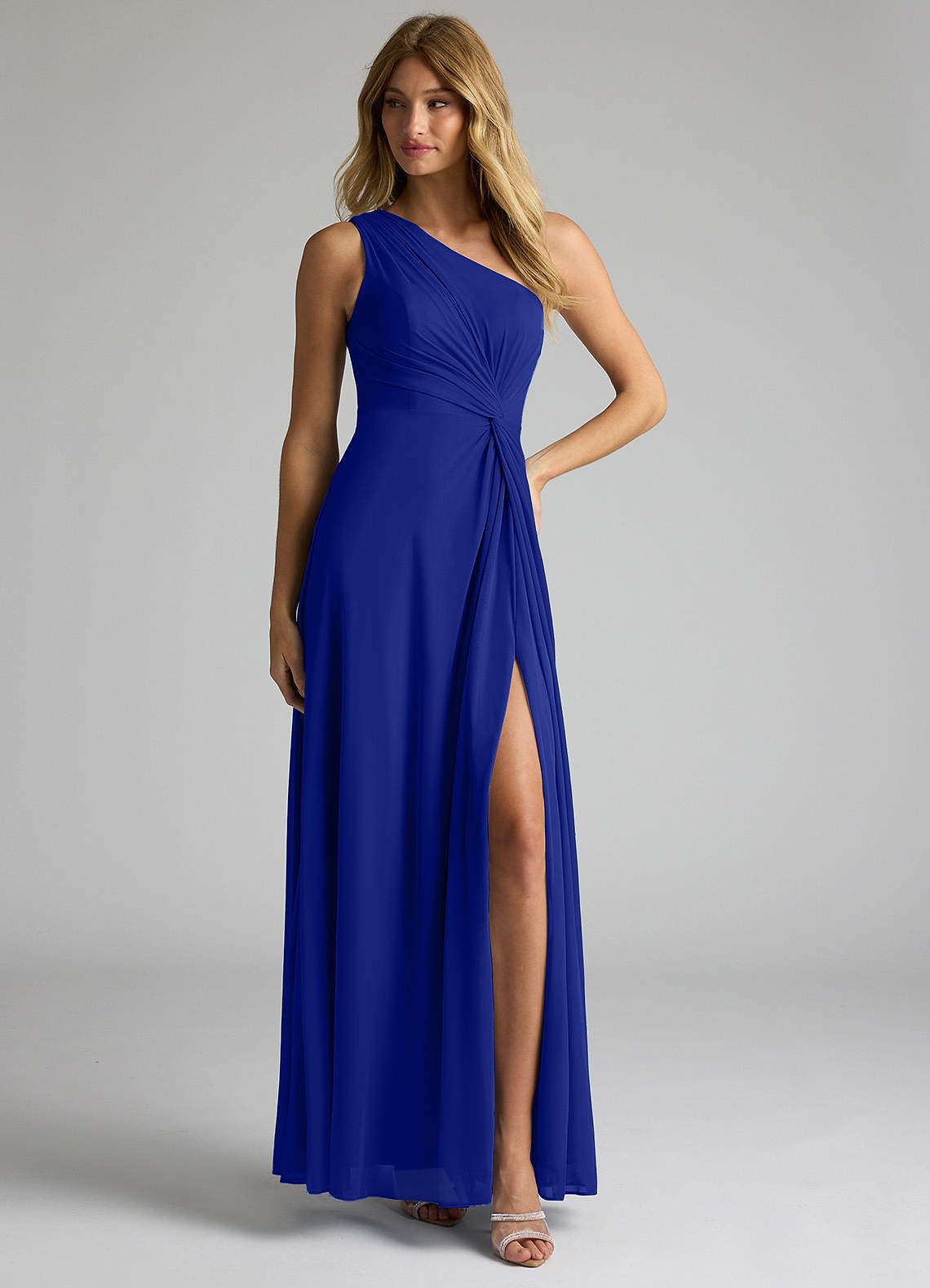 Azazie Brooke Vestidos de madrinha de casamento Vestido Royal Blue de Malha de Linha A com Ombro Único image2