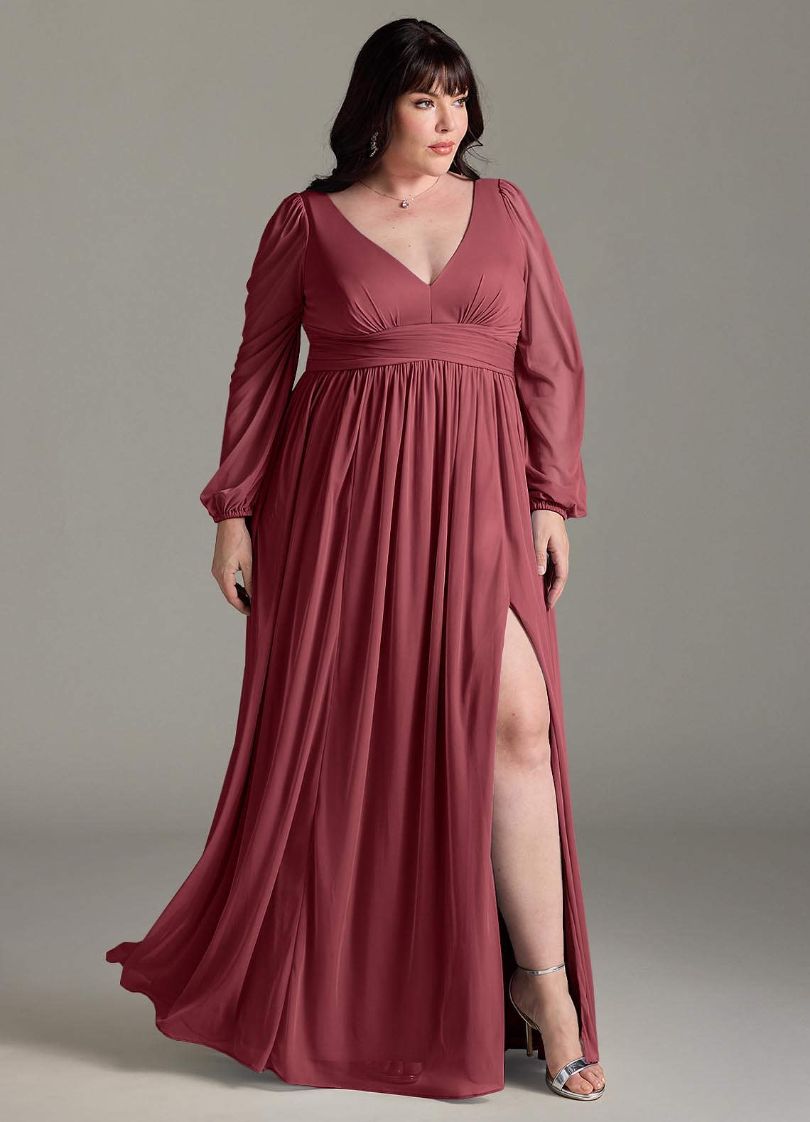 Azazie Norah Vestidos de damas de honor Vestido de Merlot de Gasa de Corte en A con Manga larga con cuello en V image8