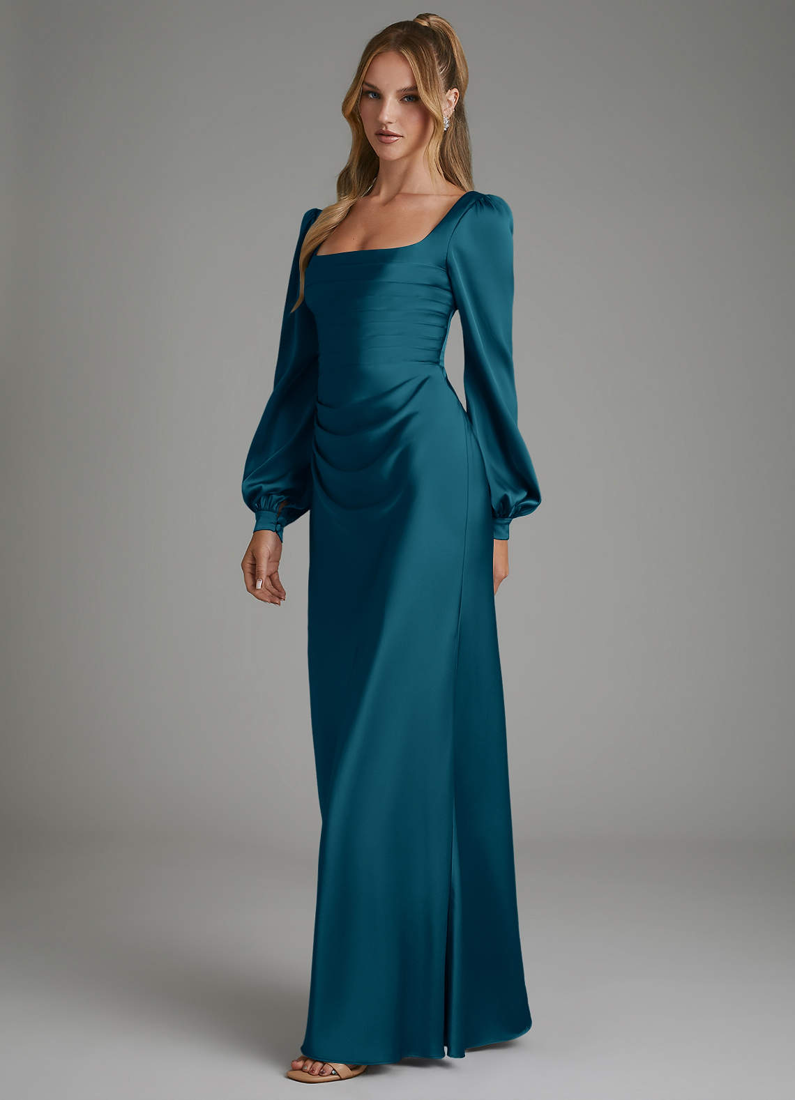 ink blue dresses Azazie Mermaid Square Neck Long Sleeve Floor-Length Stretch Satin Bridesmaid Elegant ink