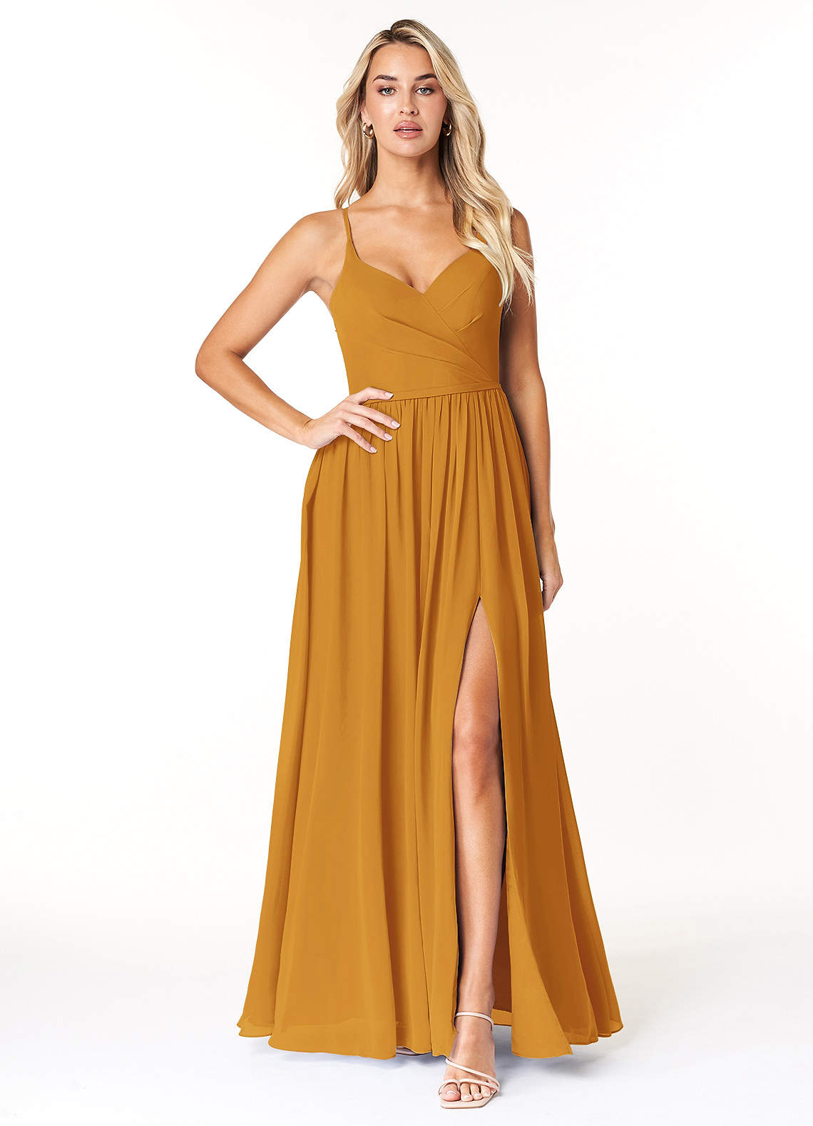 Azazie Dominic Bridesmaid Dresses Butterscotch A-Line V-Neck Pleated Chiffon Dress image1