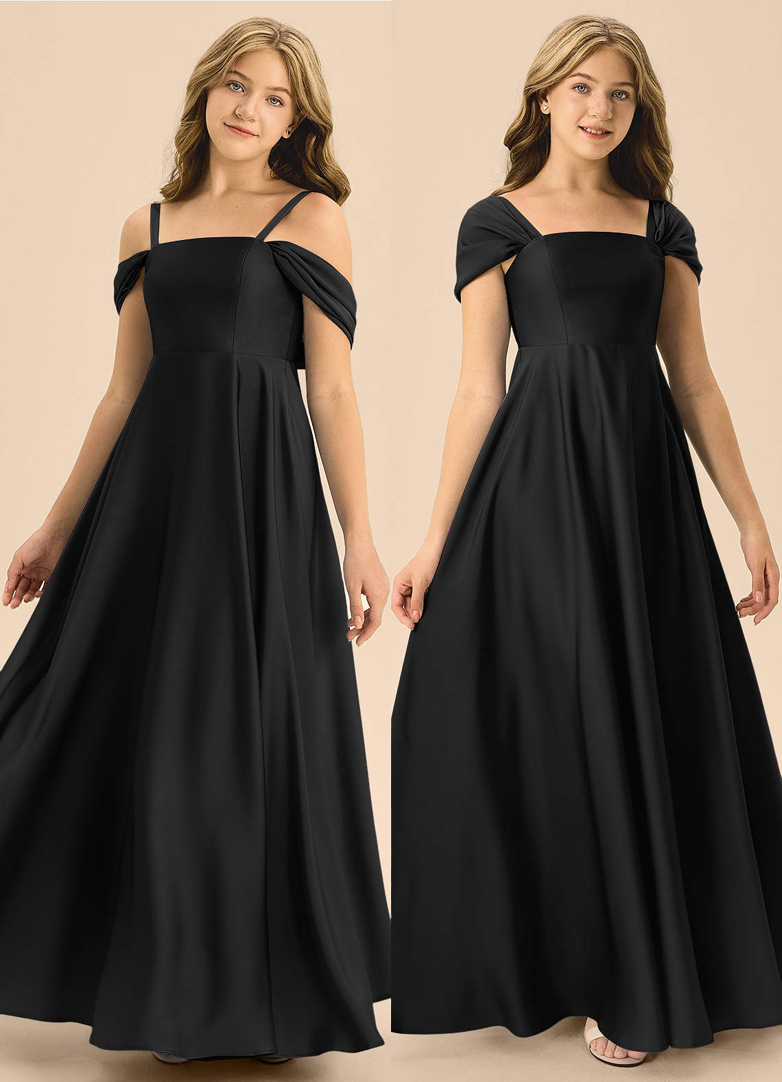 Azazie Rowena Junior Black A-Line Bow Stretch Satin Dress image1