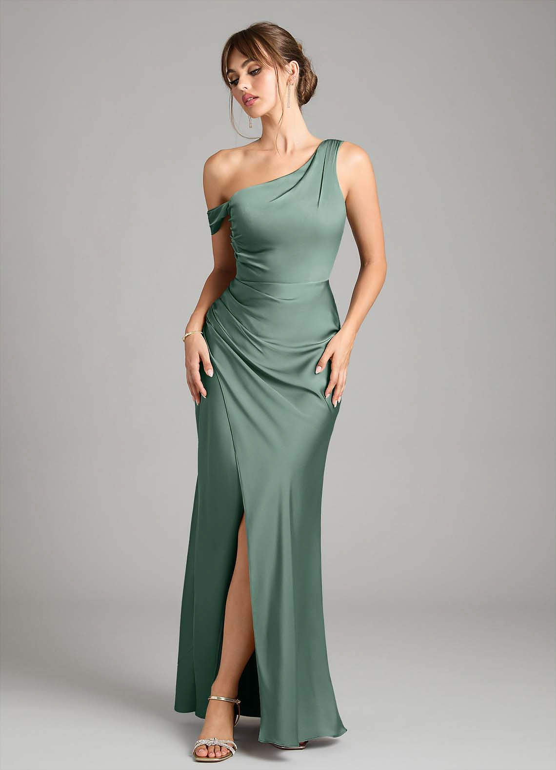 Azazie Madelyn Eucalyptus Stretch Satin Bridesmaid Dresses