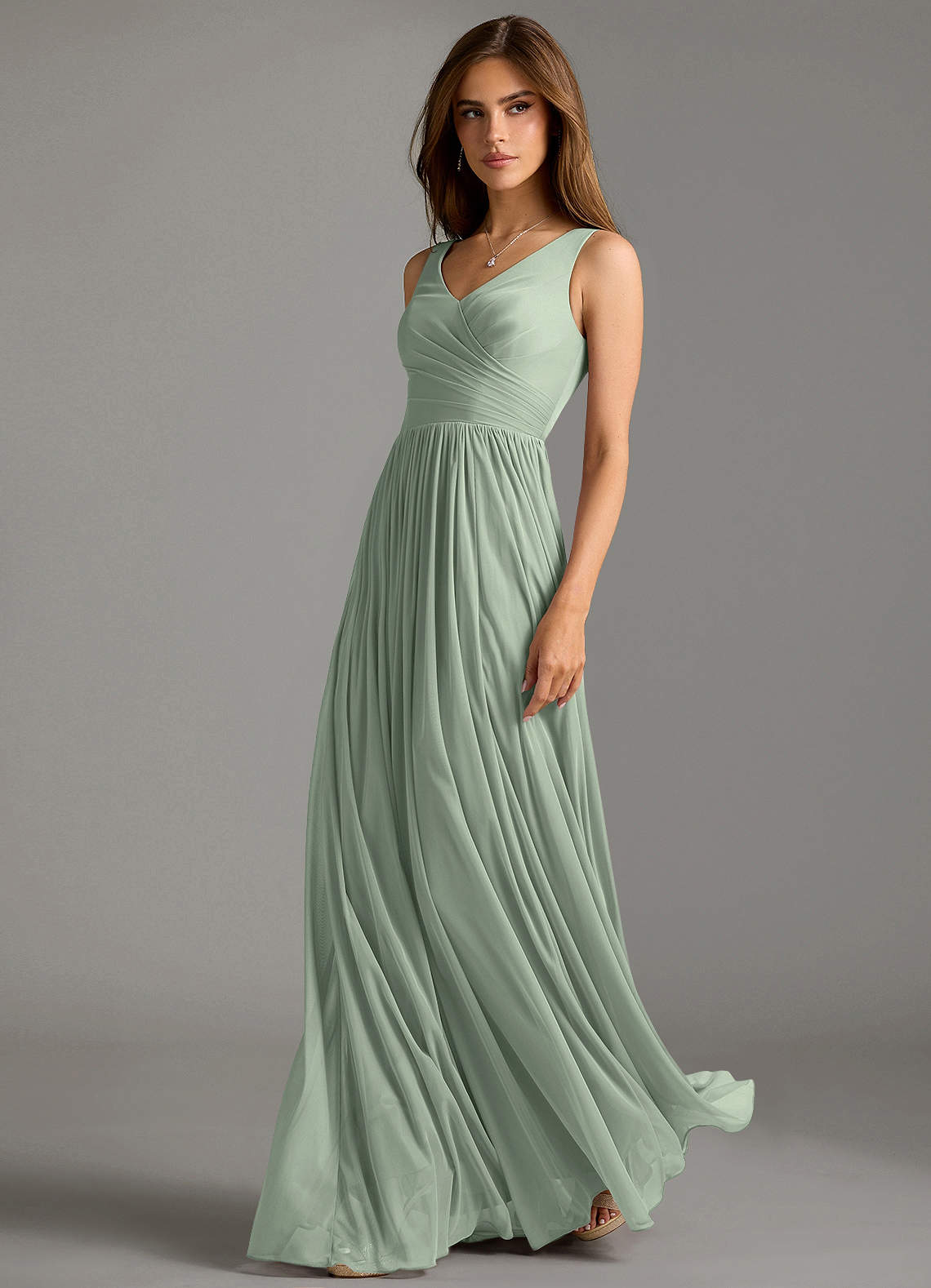 Azazie Keyla Bridesmaid Dresses Dusty Sage A-Line Pleated Mesh Dress image1