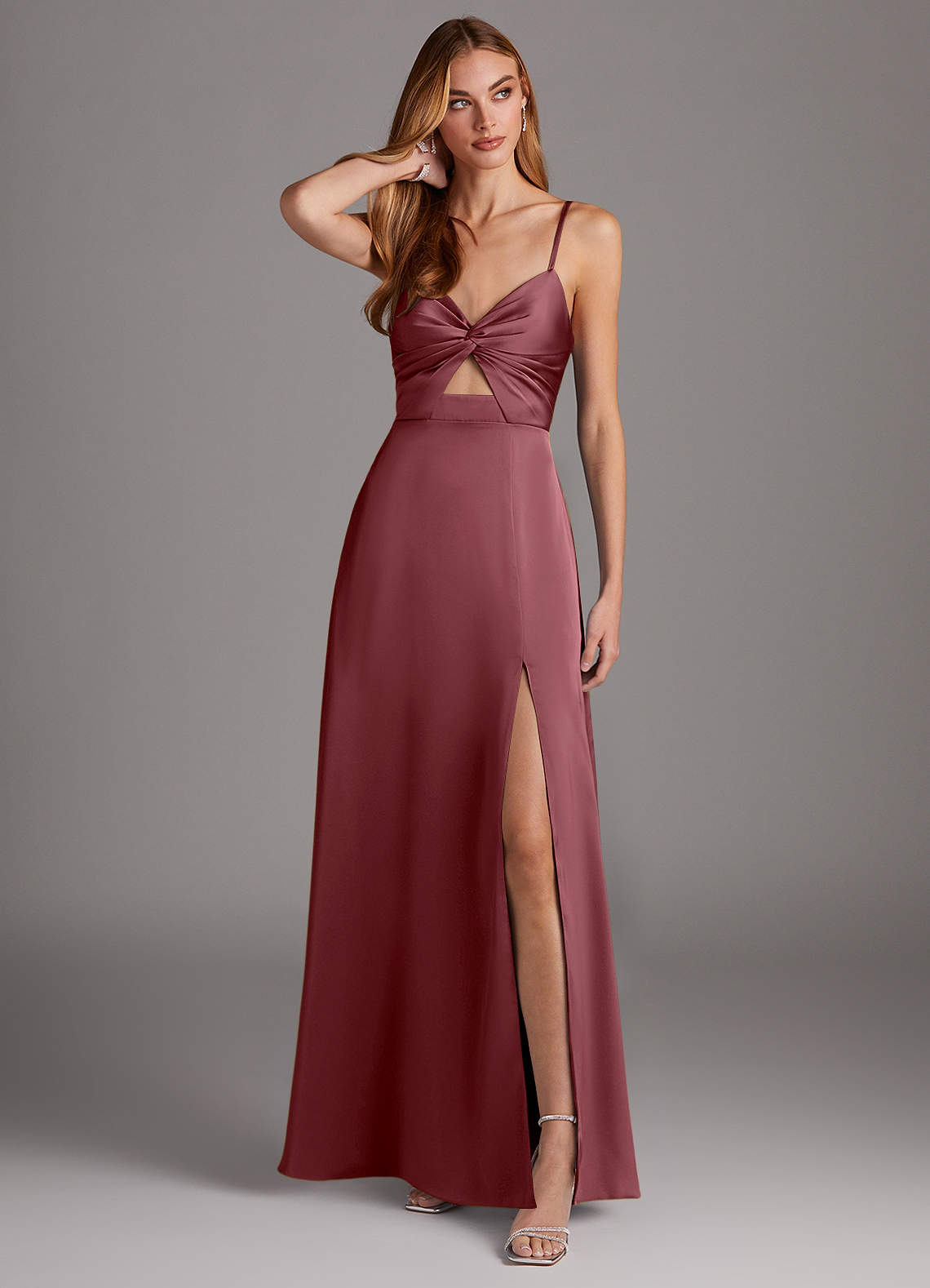 Azazie Jenna Vestidos de damas de honor Vestido de Rosa Del Desierto de Satén Elástico de Corte en A con Plisado image1