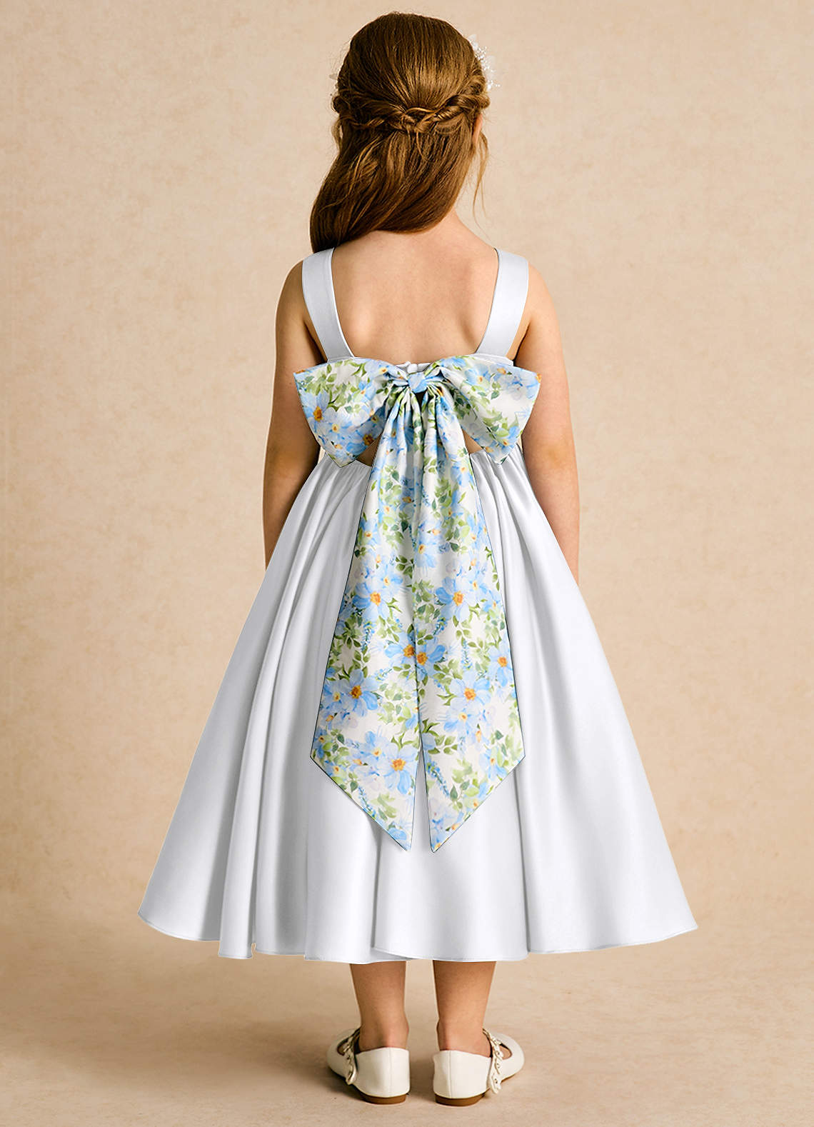 Azazie Doodlebug Abiti da Ragazza di Fiori Abito A-Line in Raso Opaco Fiocco Bianco image1