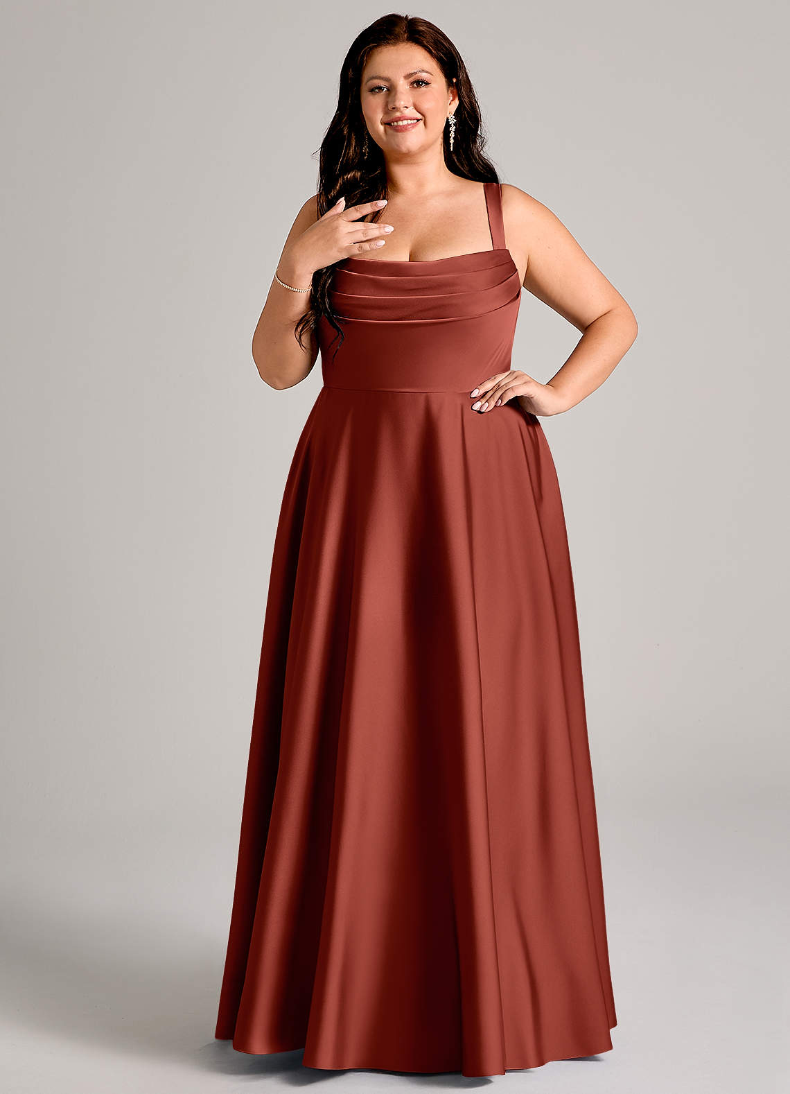 Azazie Shaude Bridesmaid Dresses Terracotta A-Line Pleated Stretch Satin Dress image1