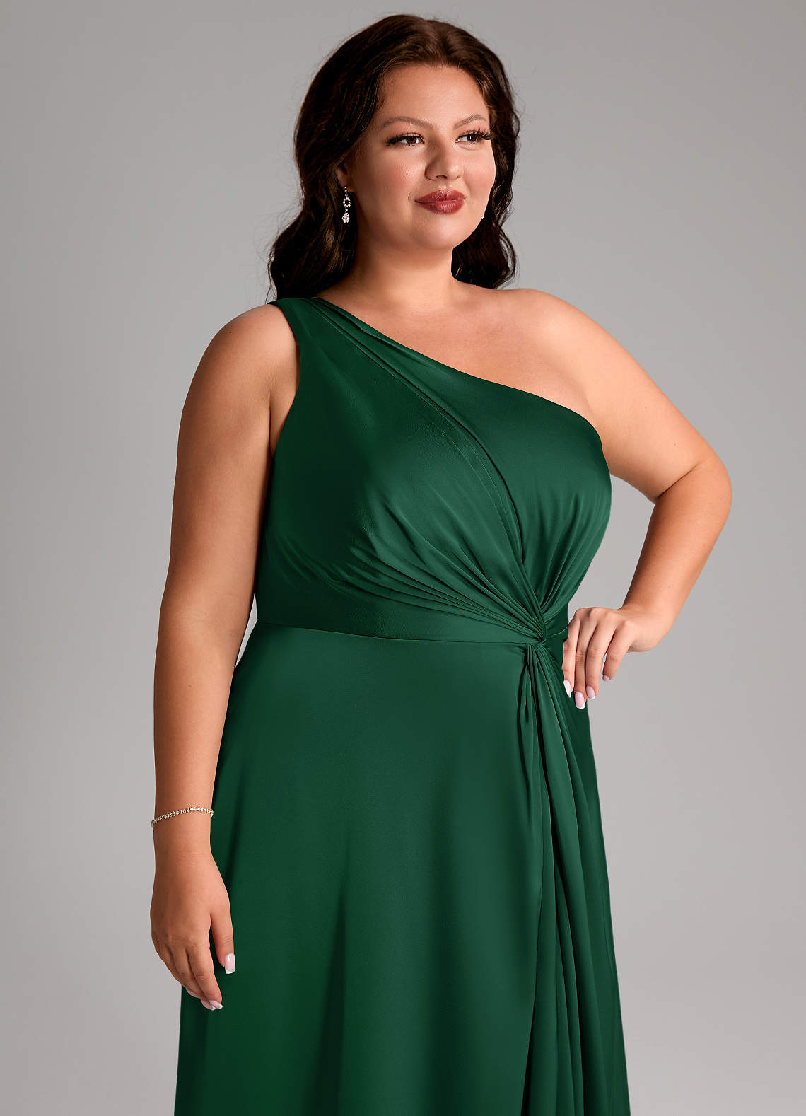 Azazie Brooke Vestidos de damas de honor Vestido de Verde Oscuro de Satén Elástico de Corte en A con Hombro unilateral image12