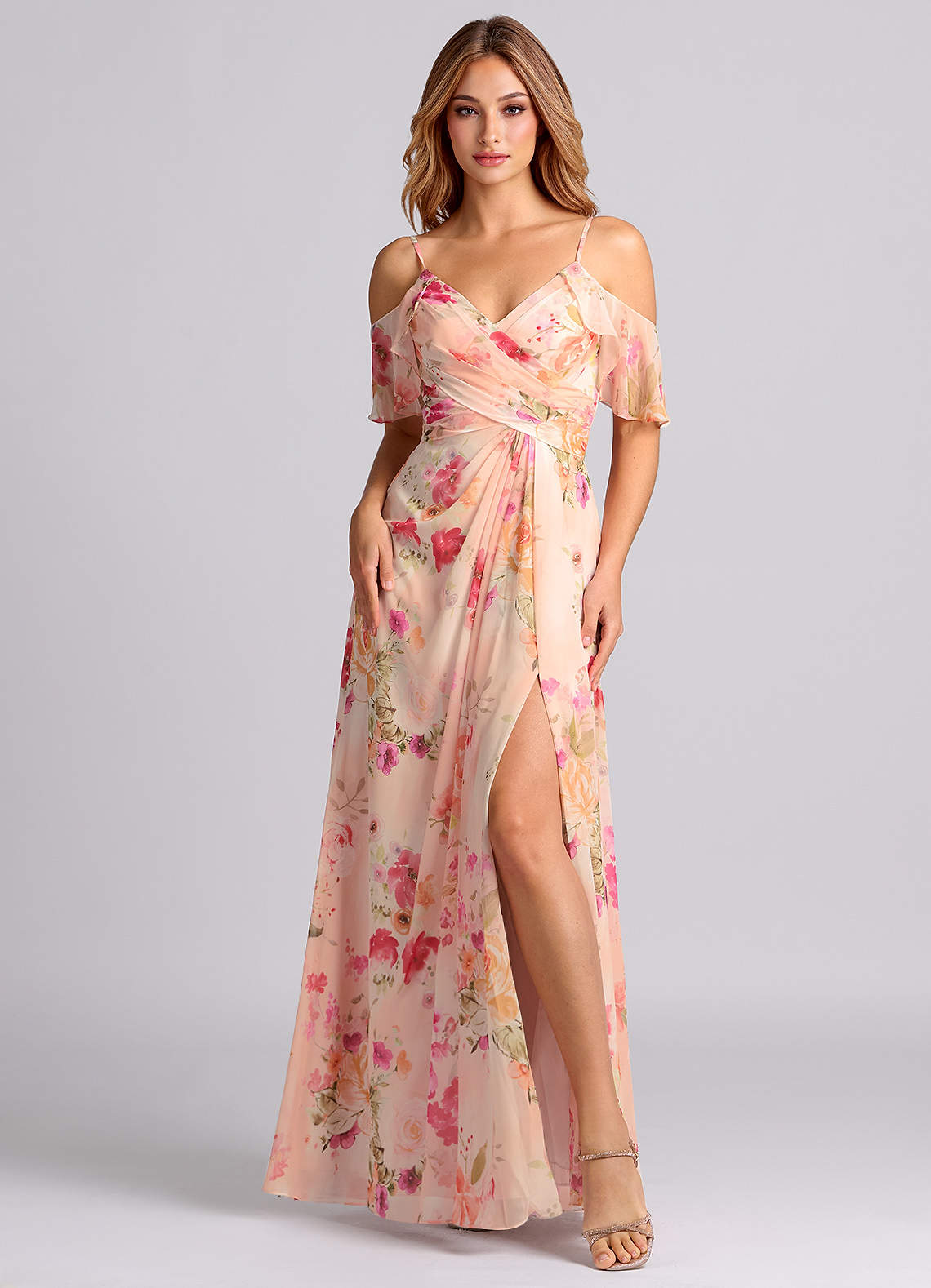 Azazie Dakota Bridesmaid Dresses Abstract Bouquet Floral A-Line V-Neck Pleated Chiffon Dress image1