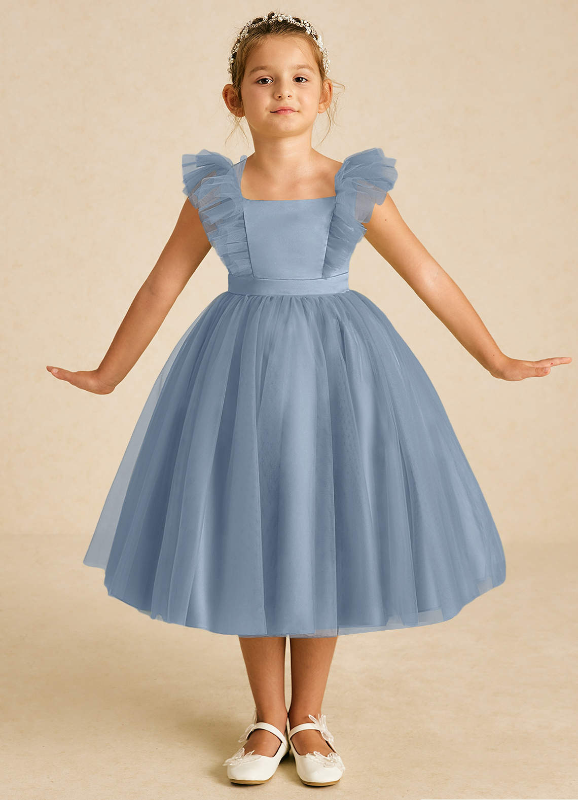 Azazie Cherub Flower Girl Dresses Dusty Blue A-Line Strap Tulle Dress image1