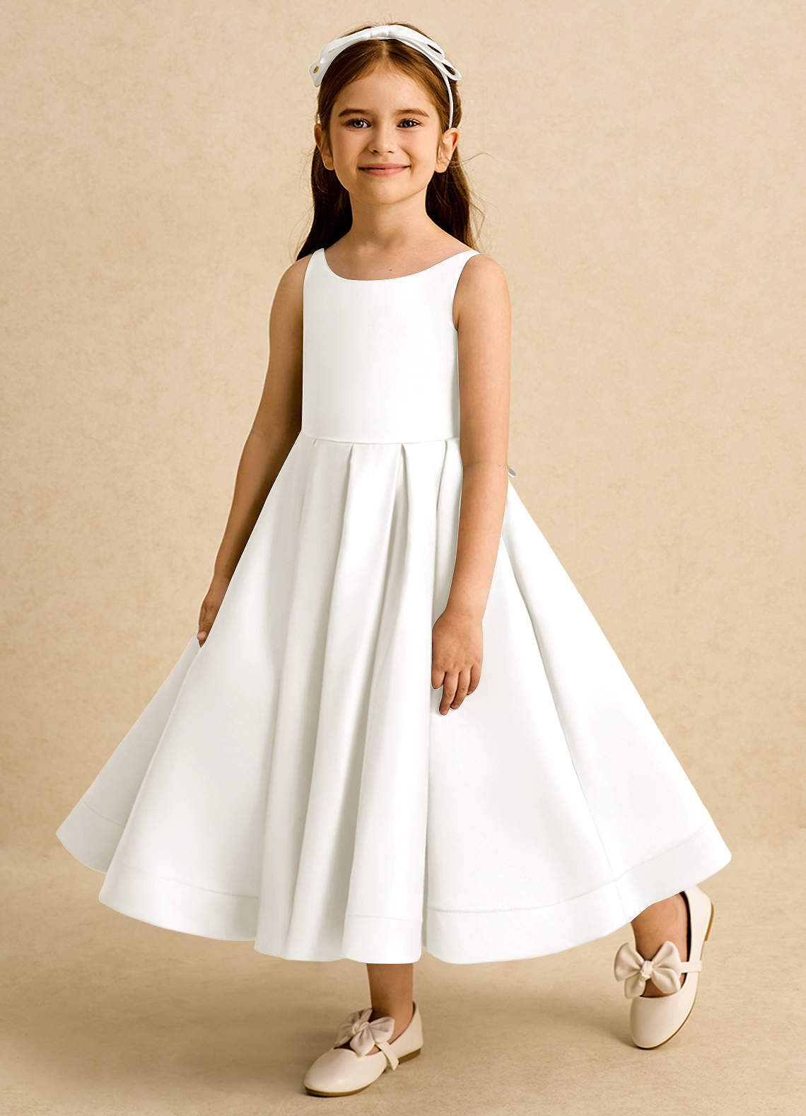 Azazie Babs Flower Girl Dresses Ivory Ball-Gown Pleated Matte Satin Dress image7