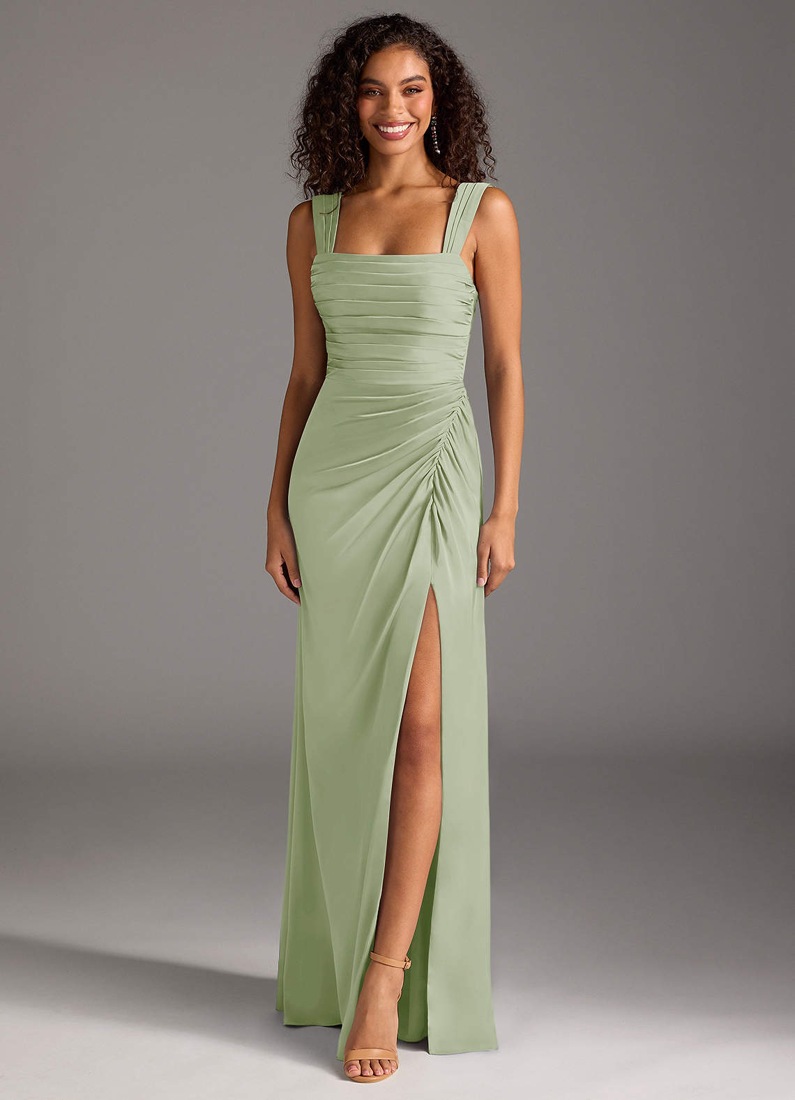 Azazie Jesaphine Bridesmaid Dresses Dusty Sage Sheath Bow Stretch Satin Dress image1