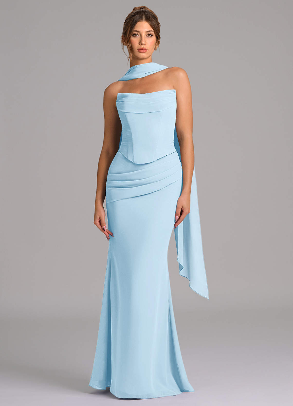 Azazie Sorrel Vestidos de damas de honor Vestido de Azul Cielo de Gasa de Corte Sirena con Corsé image3