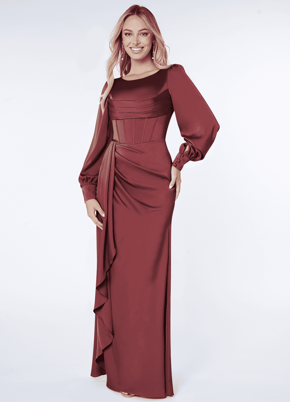 Azazie Raye Vestidos de damas de honor Vestido de Merlot de Satén Elástico de Corte Sirena con Manga larga image1