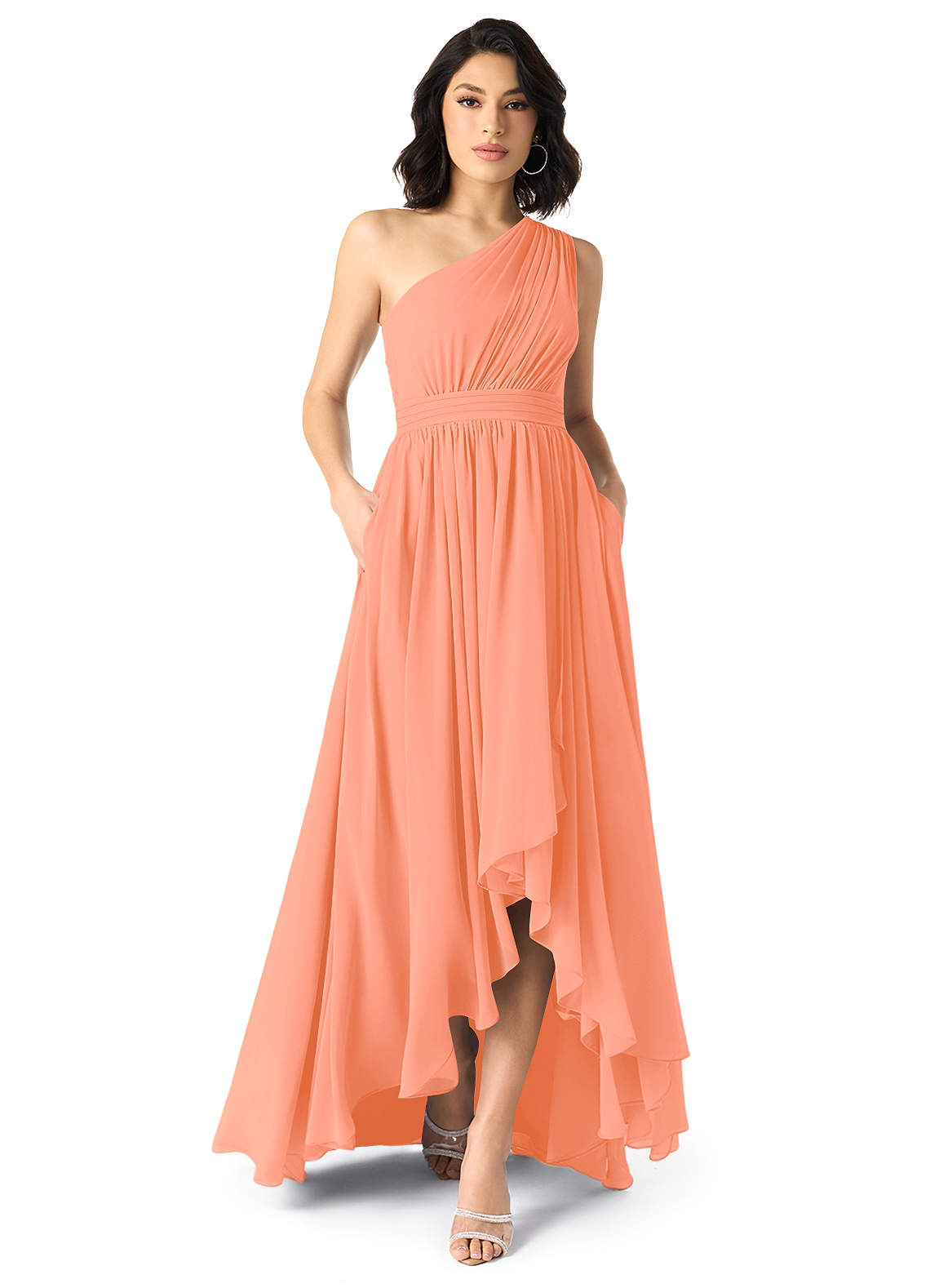 Azazie Mathilda Robes de demoiselle d'honneur Robe Trapèze en Mousseline de soie Ue épaule Coucher De Soleil image1