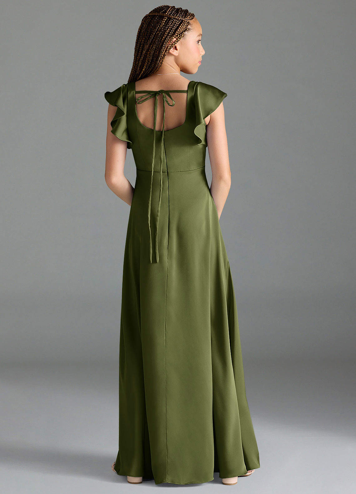 Azazie Bondi Junior Olive A-Line Side Slit Stretch Satin Dress image1