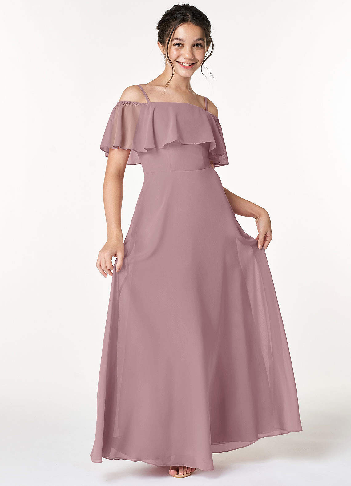 Azazie Maggie Junior Dusty Rose A-Line Off the Shoulder Chiffon Dress image1