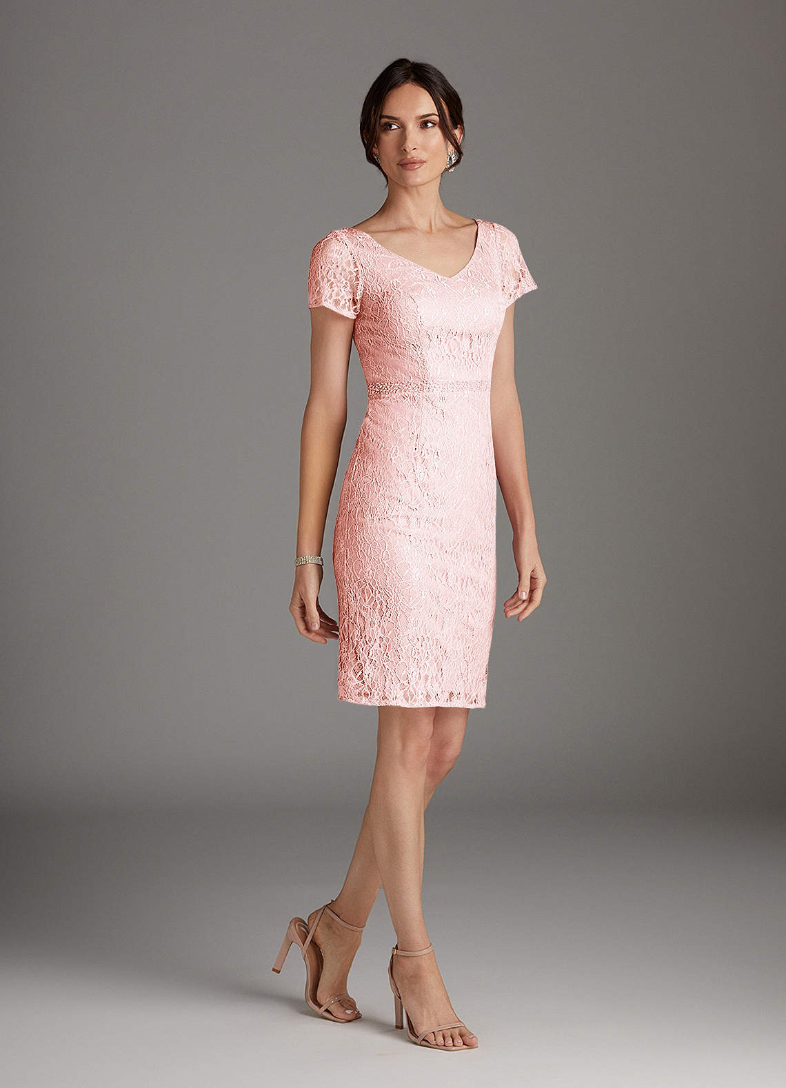 Azazie Lucilia Blushing Pink Sheath Lace Dress Ready to Ship