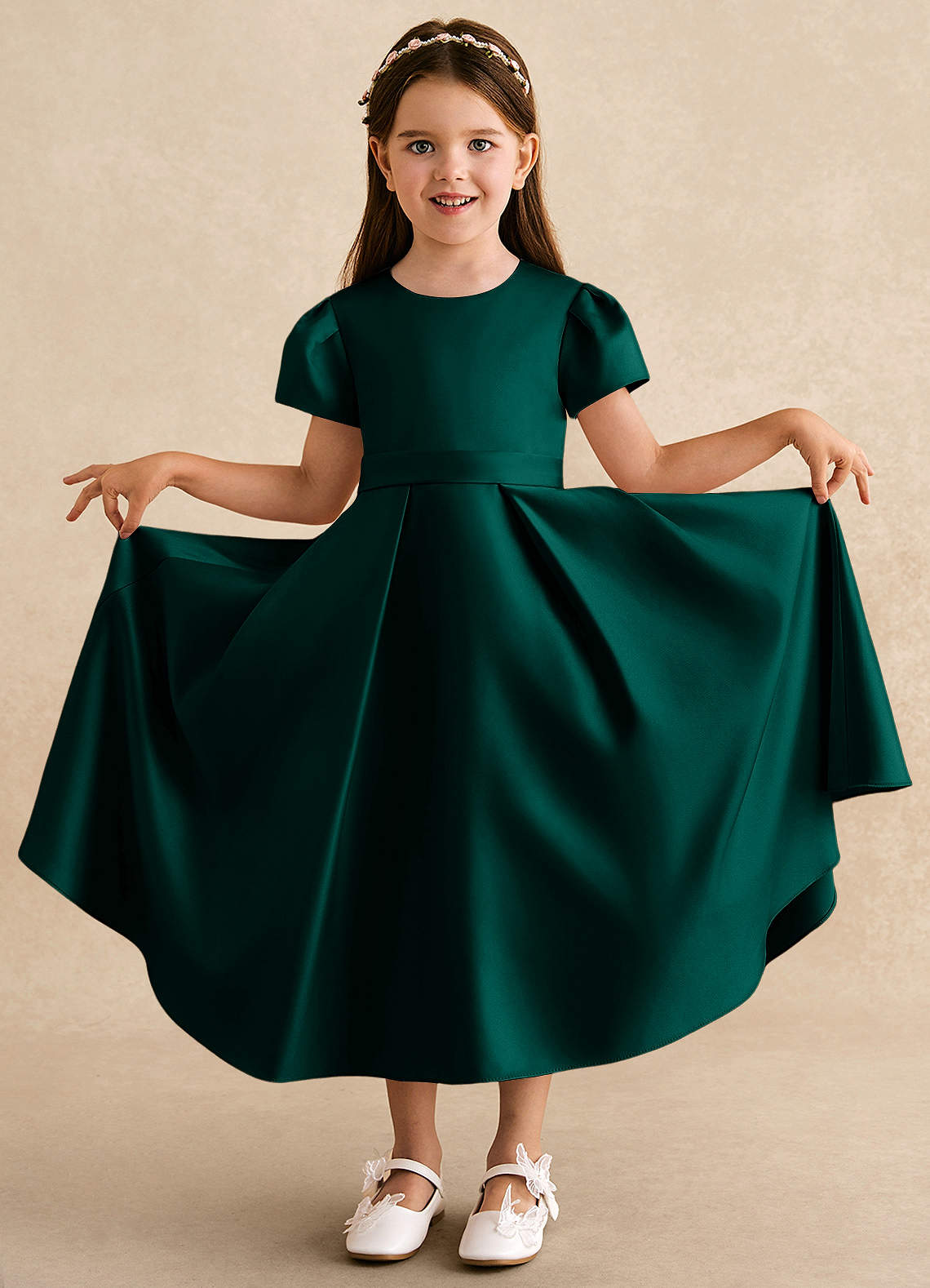 Azazie Princess Flower Girl Dresses Pine A-Line Pleated Matte Satin Dress image2