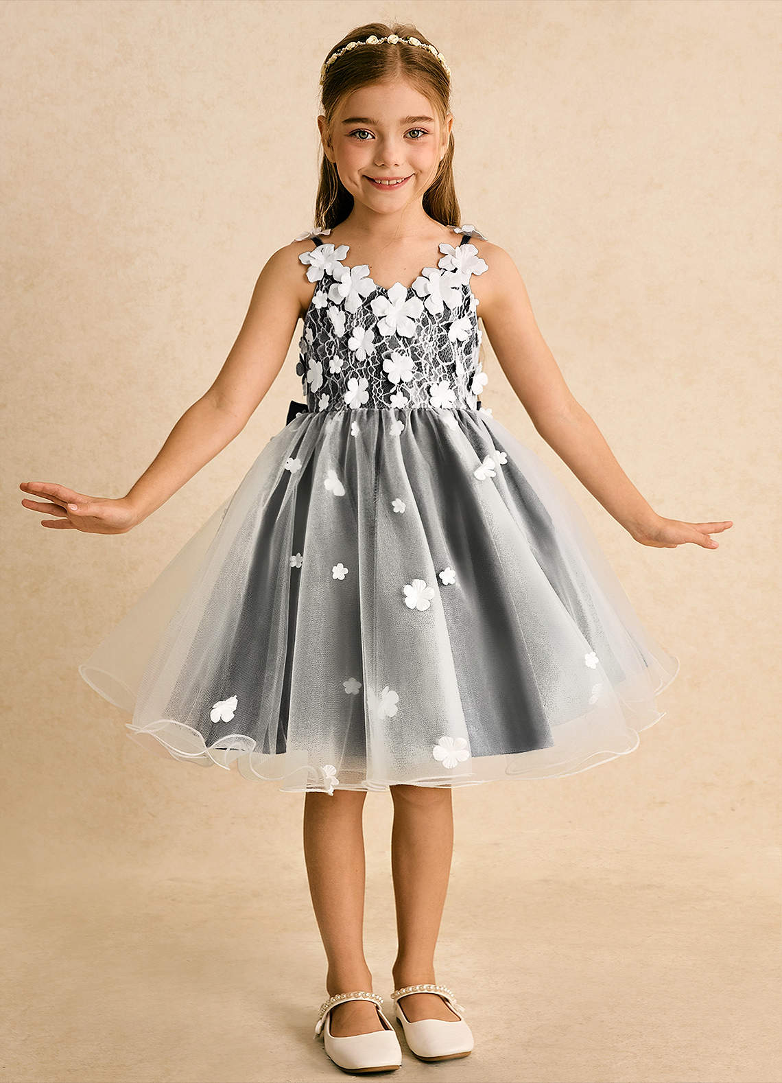 Azazie Junebug Robe Demoiselle D'honneur Fillette Robe Princesse en Tulle Dentelle Ivoire Noir image2