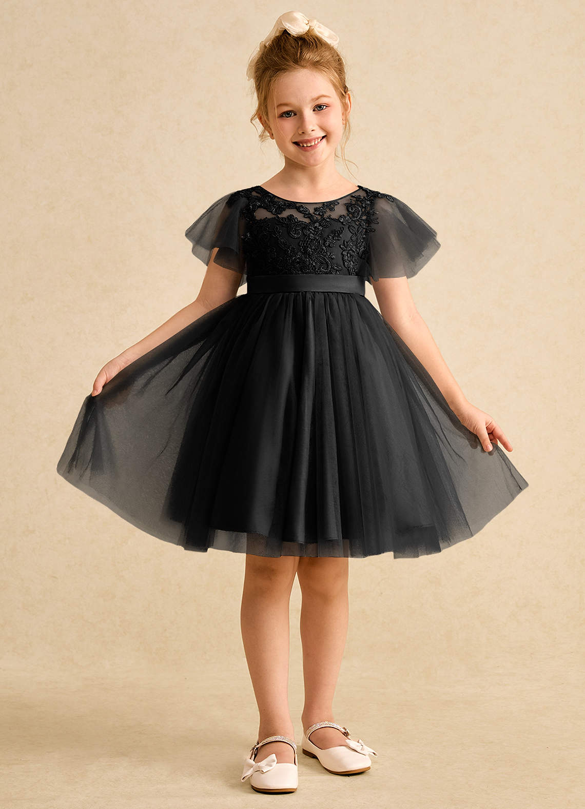 Azazie Queenie Flower Girl Dresses Black A-Line Lace Dress image1