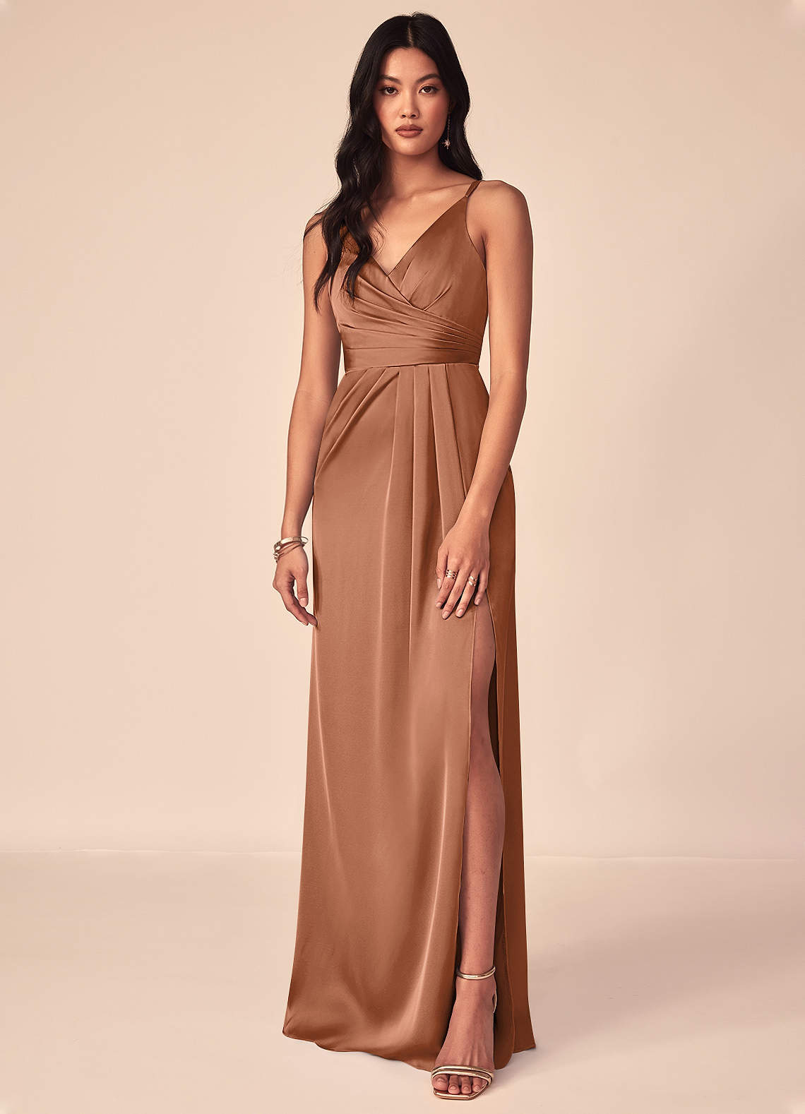 Azazie Aqua Bridesmaid Dresses Bronzer A-Line V-Neck Pleated Stretch Satin Dress image1