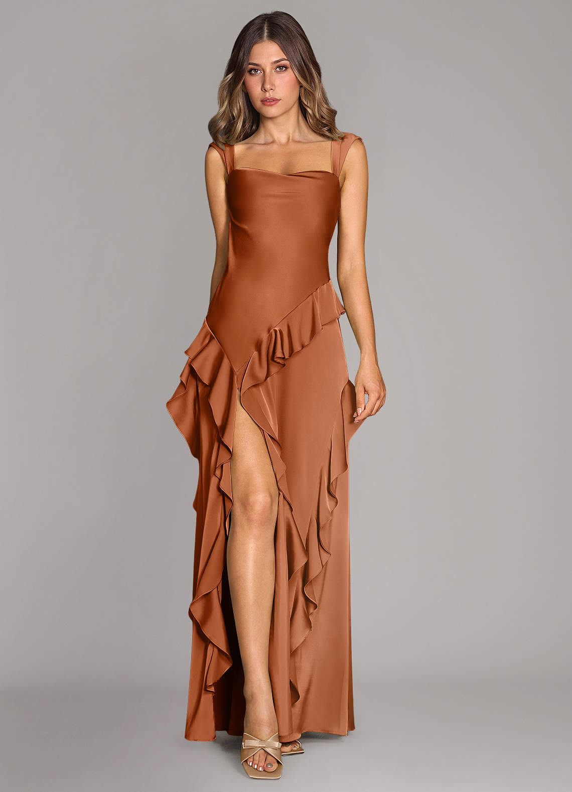 Azazie Sloane Bridesmaid Dresses Copper A-Line Sweetheart Neckline Stretch Satin Dress image1