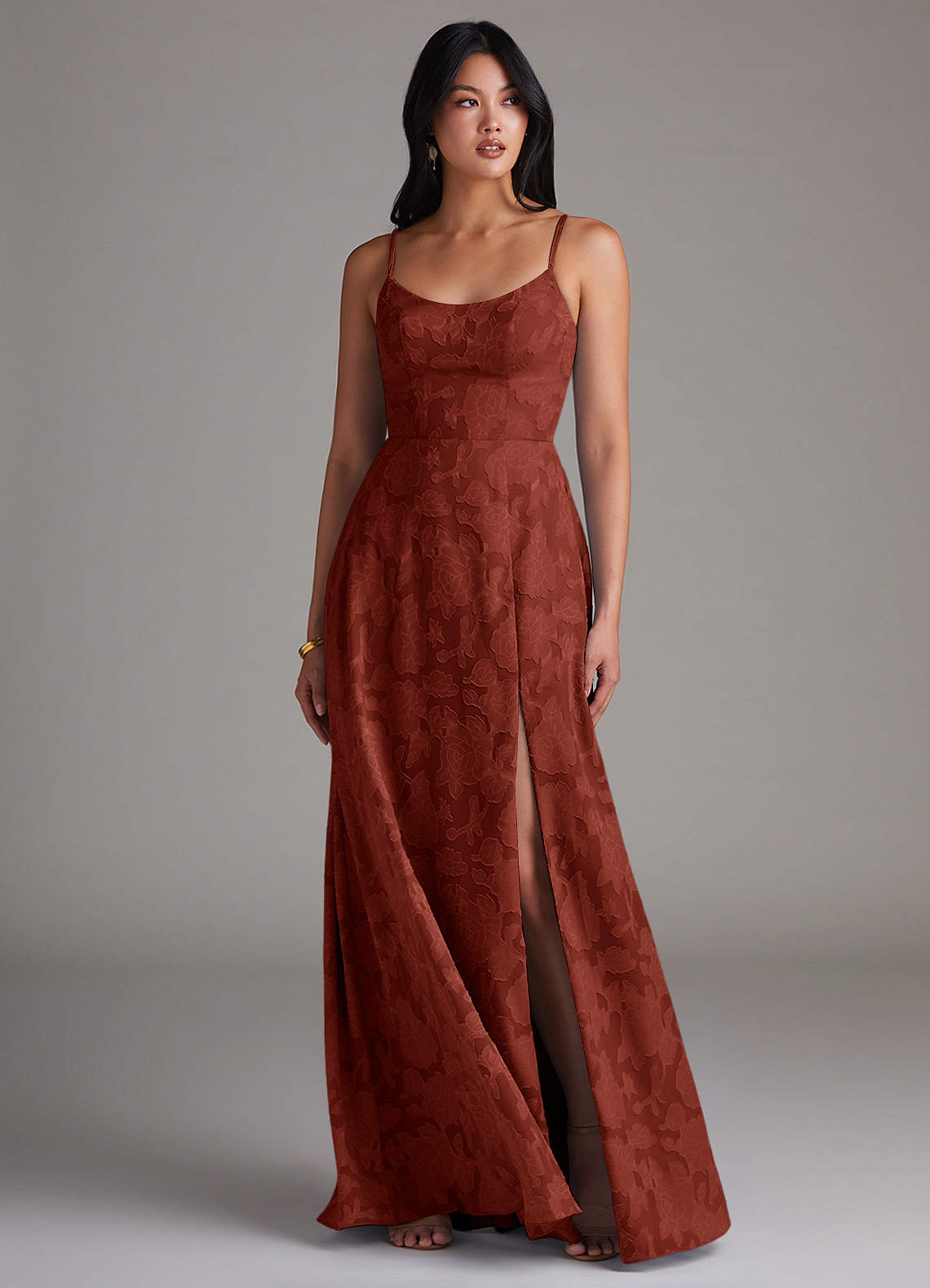 Azazie Moira Robes de demoiselle d'honneur Robe Trapèze en Blumen-Burnout Fente Latérale Terracotta image3