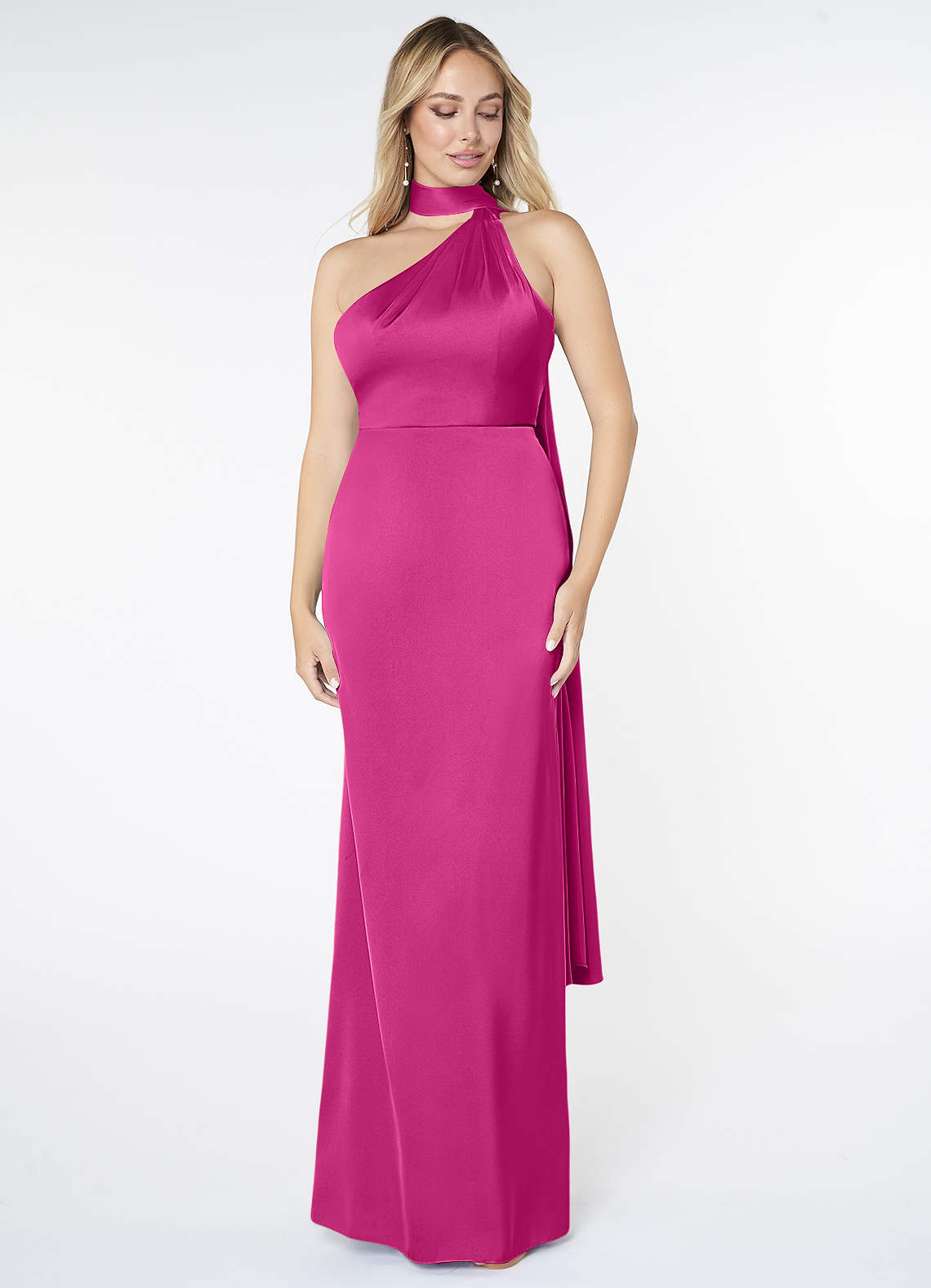 Azazie Kaylani Bridesmaid Dresses Fuchsia Mermaid High Neck Stretch Satin Dress image1