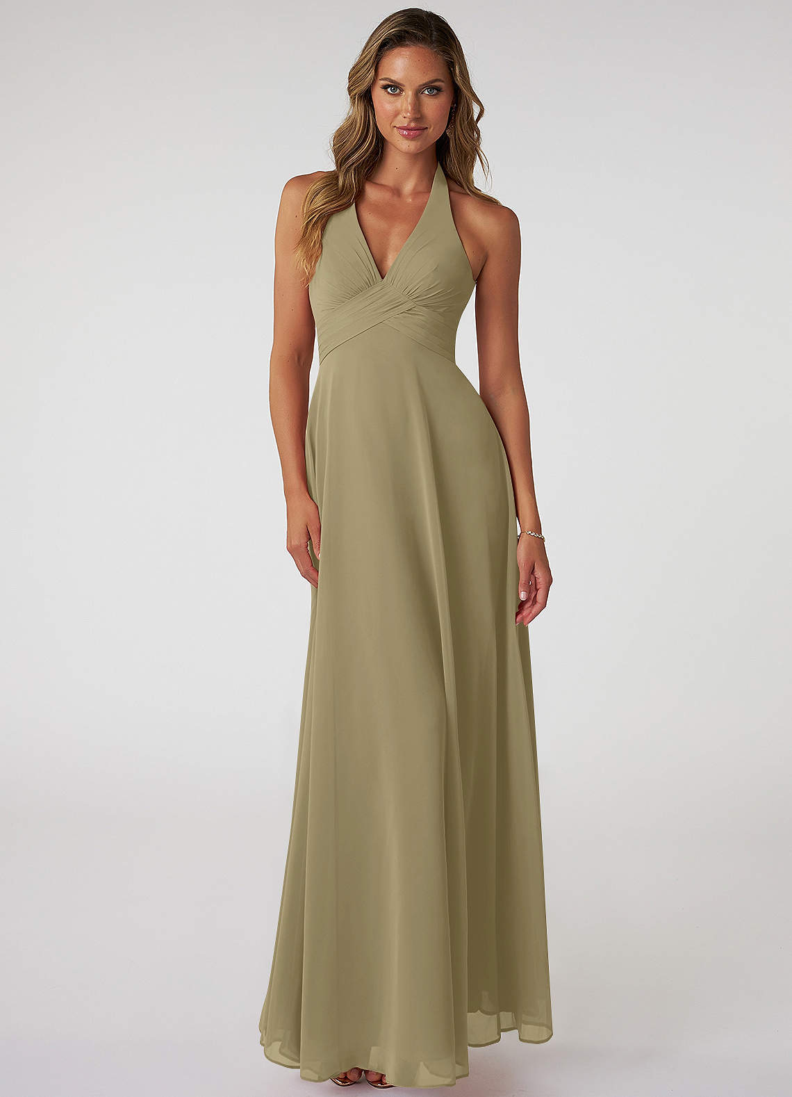 Azazie Tessie Vestidos de damas de honor Vestido de Musgo Verde de Gasa de Corte en A con Cuello en V plisado image1