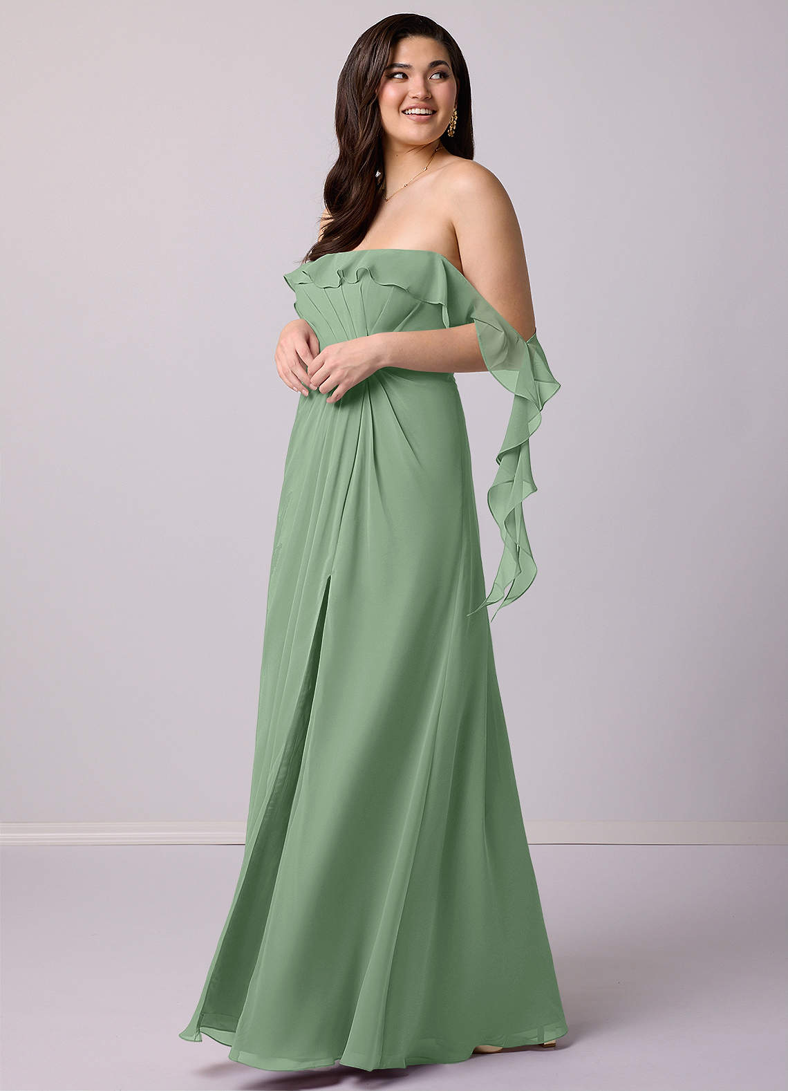 Barbie ♥ Azazie Bridesmaid Dresses Matcha A-Line Off the Shoulder Chiffon Convertible Dress image10