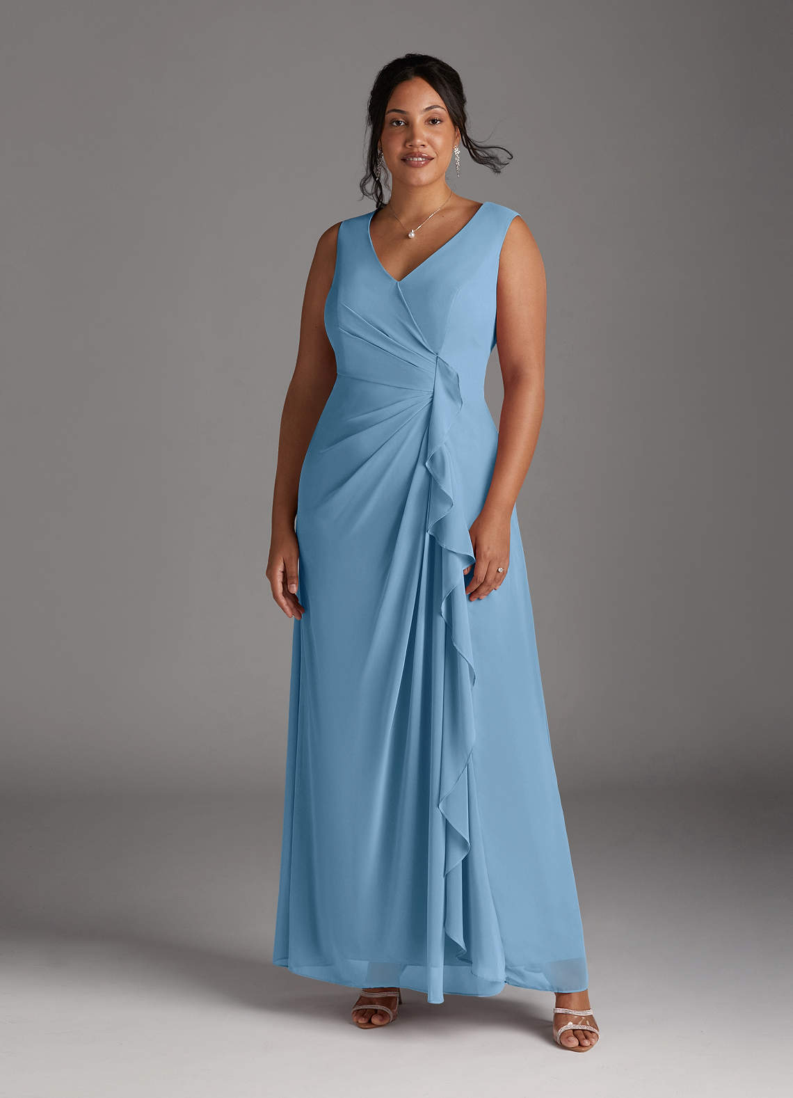Azazie Manuella Mother of the Bride Dresses Steel Blue A-Line V-Neck Pleated Chiffon Dress image1