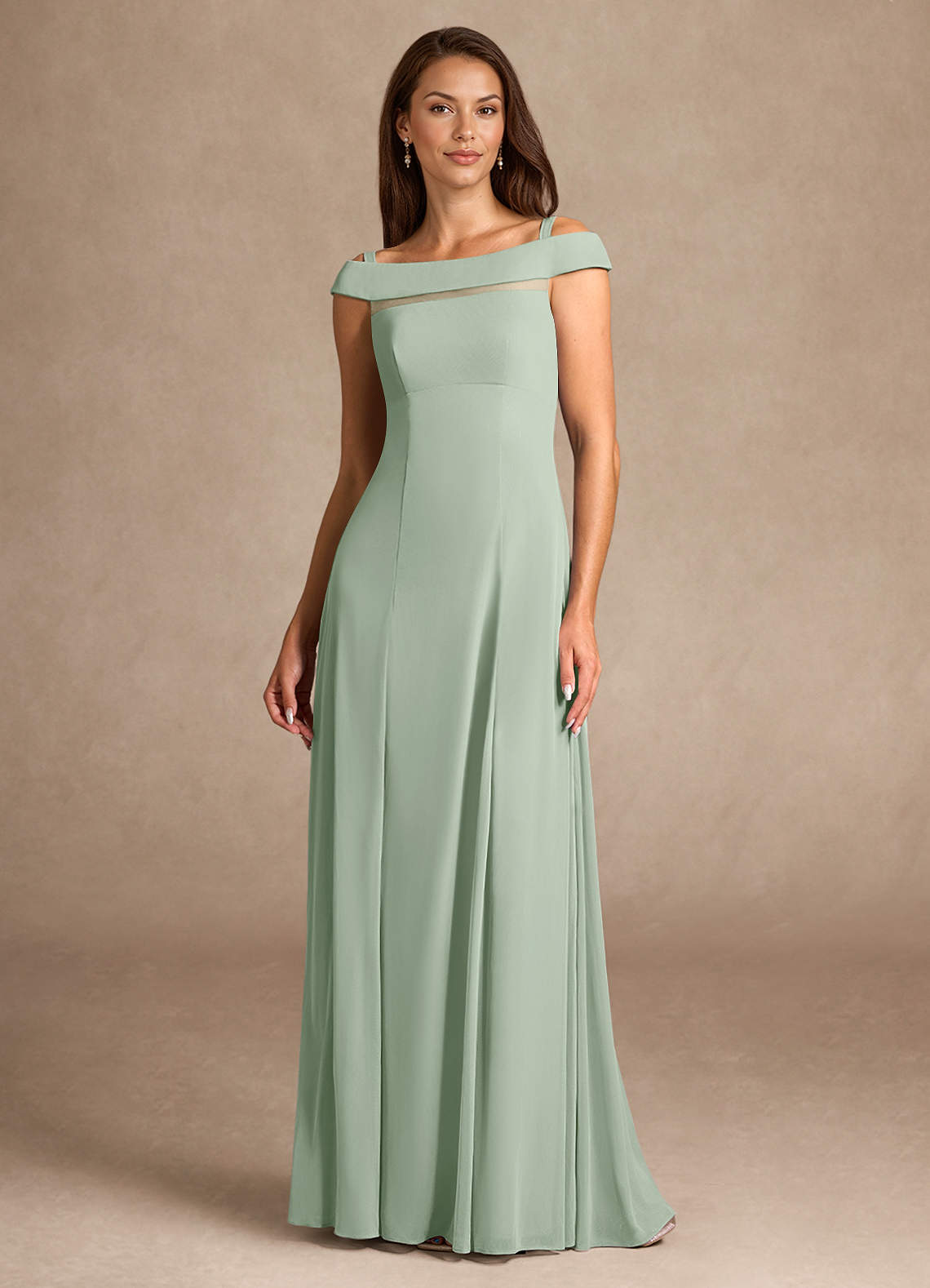 Azazie Ewa Mother of the Bride Dresses Dusty Sage A-Line Off the Shoulder Mesh Dress image4