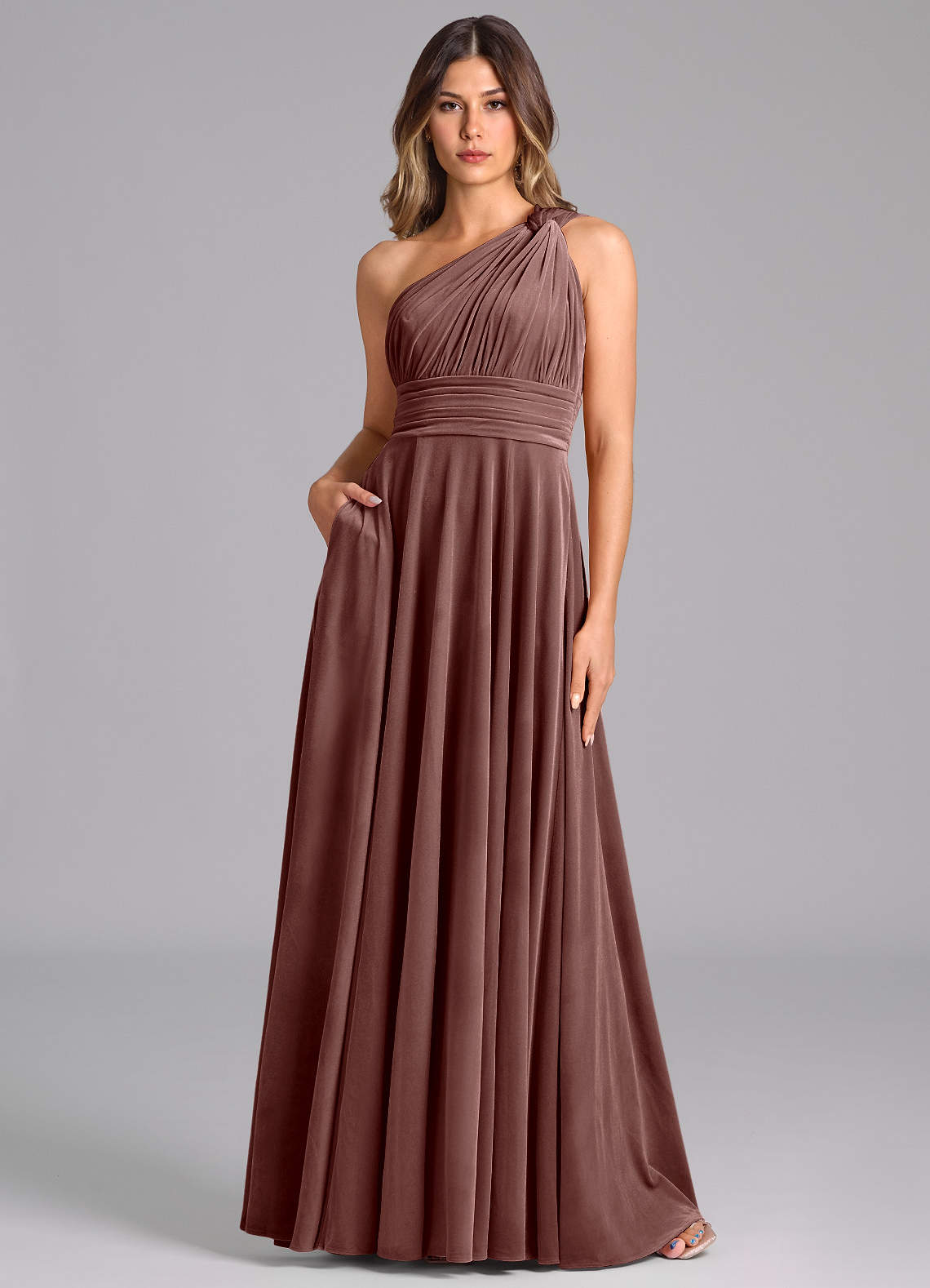 Azazie Charlize Bridesmaid Dresses Espresso A-Line One Shoulder Velvet Dress image1