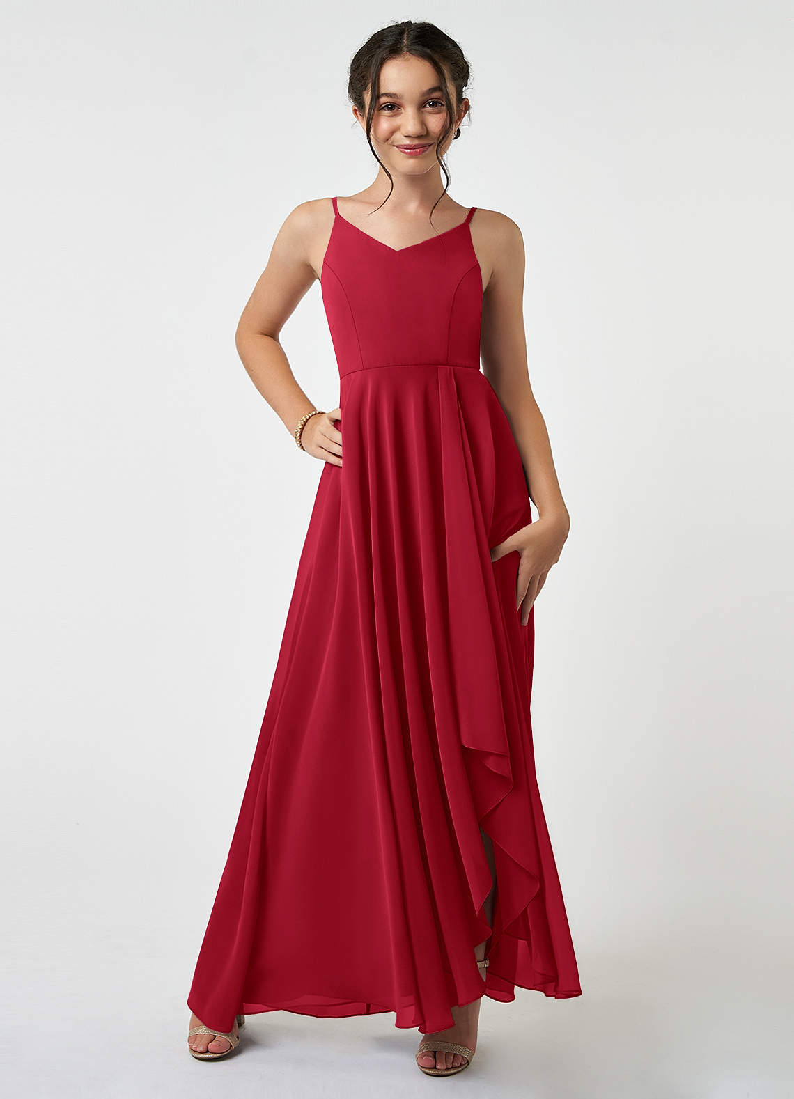 Azazie Collette Junior A-Linie Gestreift Chiffon Kleid Scharlachrot image1