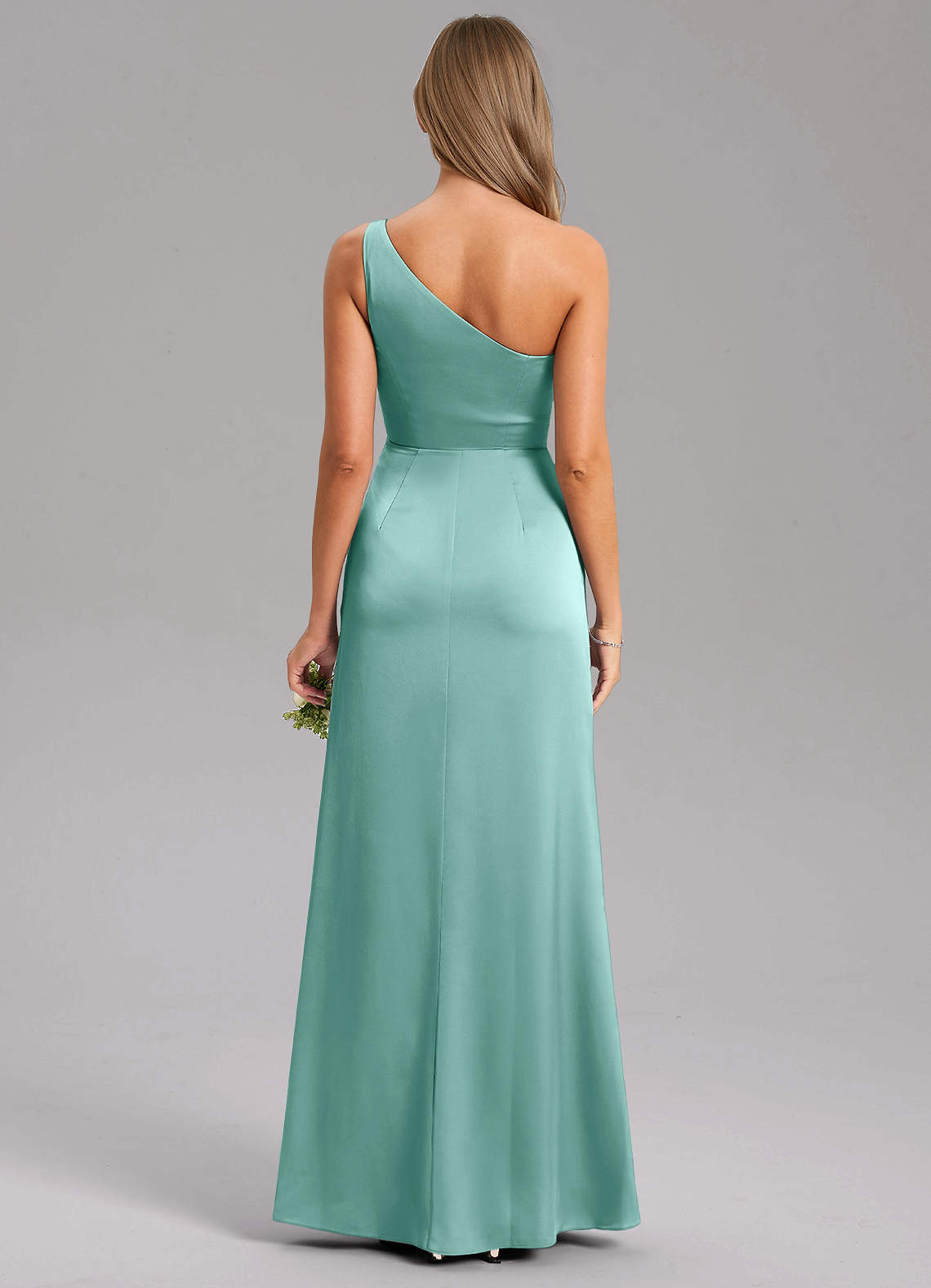 Azazie Feby Vestidos de damas de honor Vestido de Aqua de Satén Elástico de Corte en A con Hombro unilateral image1