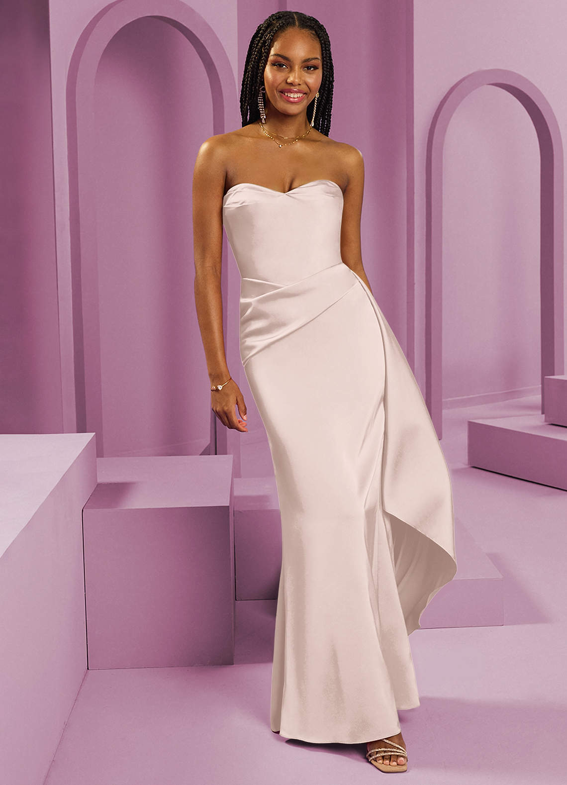 Barbie ♥ Azazie Bridesmaid Dresses Blushing Pink Sheath Strapless Stretch Satin Convertible Dress image1