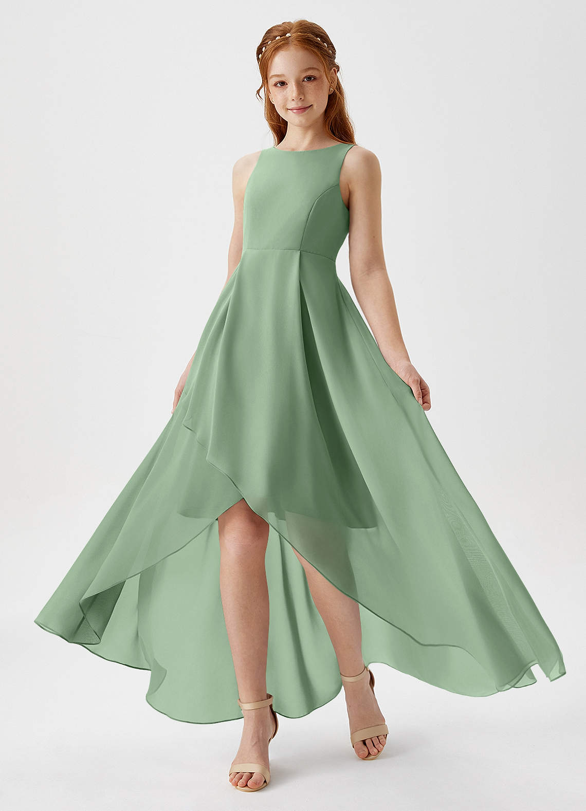 Azazie Lizette Junior Matcha A-Line Pleated Chiffon Dress image1