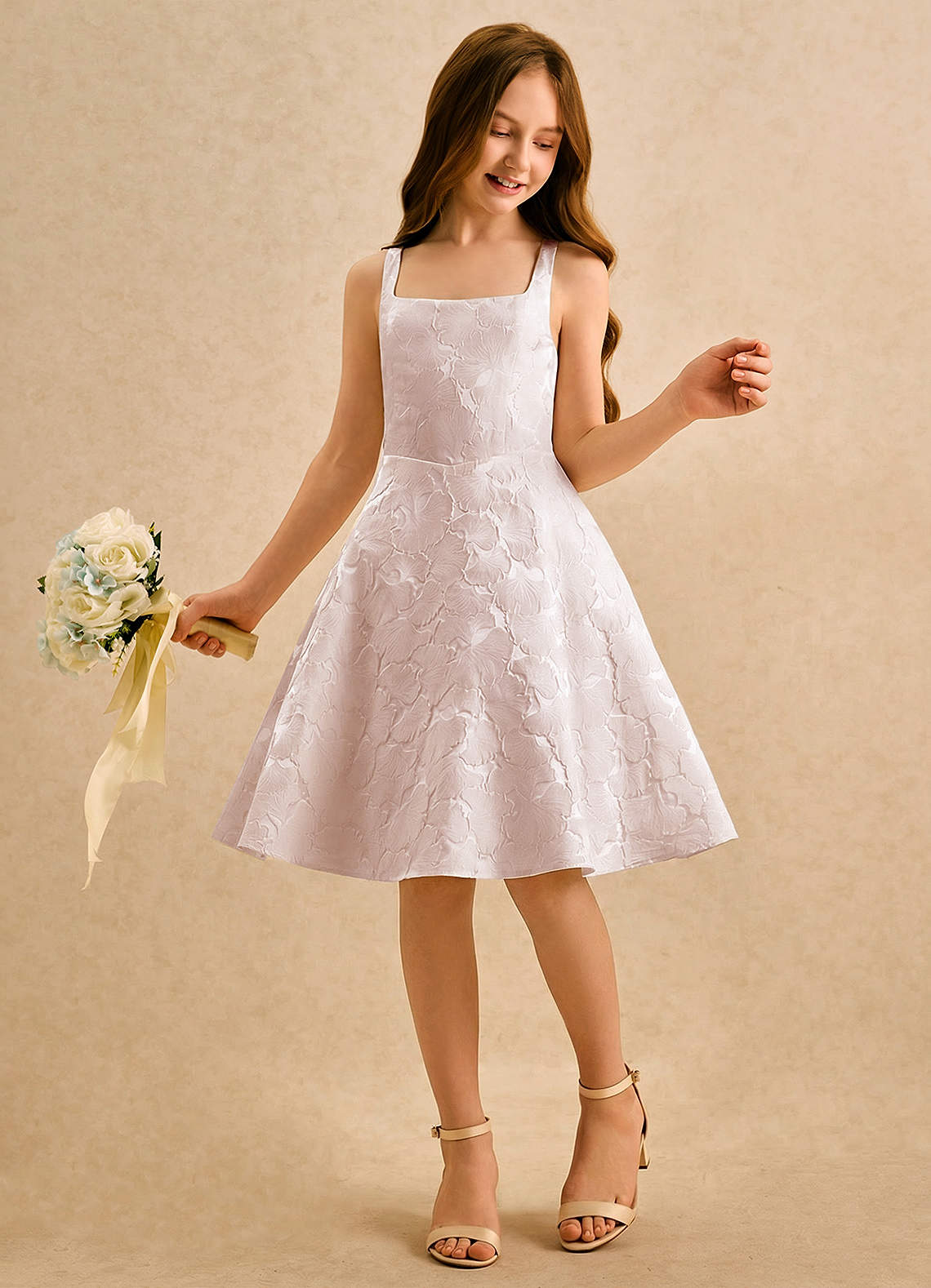 formal baby girl dresses Azazie Peppy Girls Formal Baby Pink A-Line Bow Floral Jacquard Dress