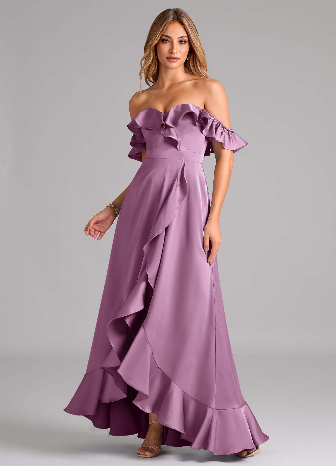 Azazie Lyra Bridesmaid Dresses Wisteria A-Line Off the Shoulder Stretch Satin Convertible Dress image1