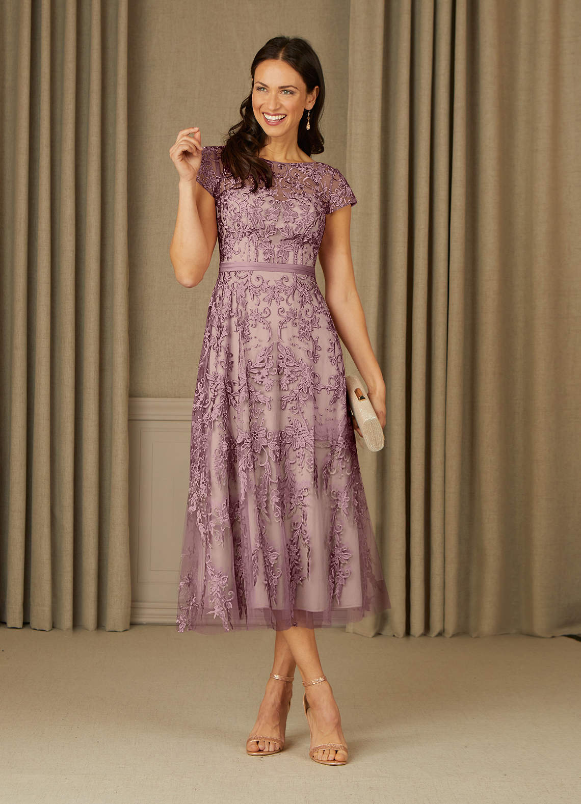 Azazie Sanna Dusty Rose Champagne A-Line Scoop Lace Tulle Dress