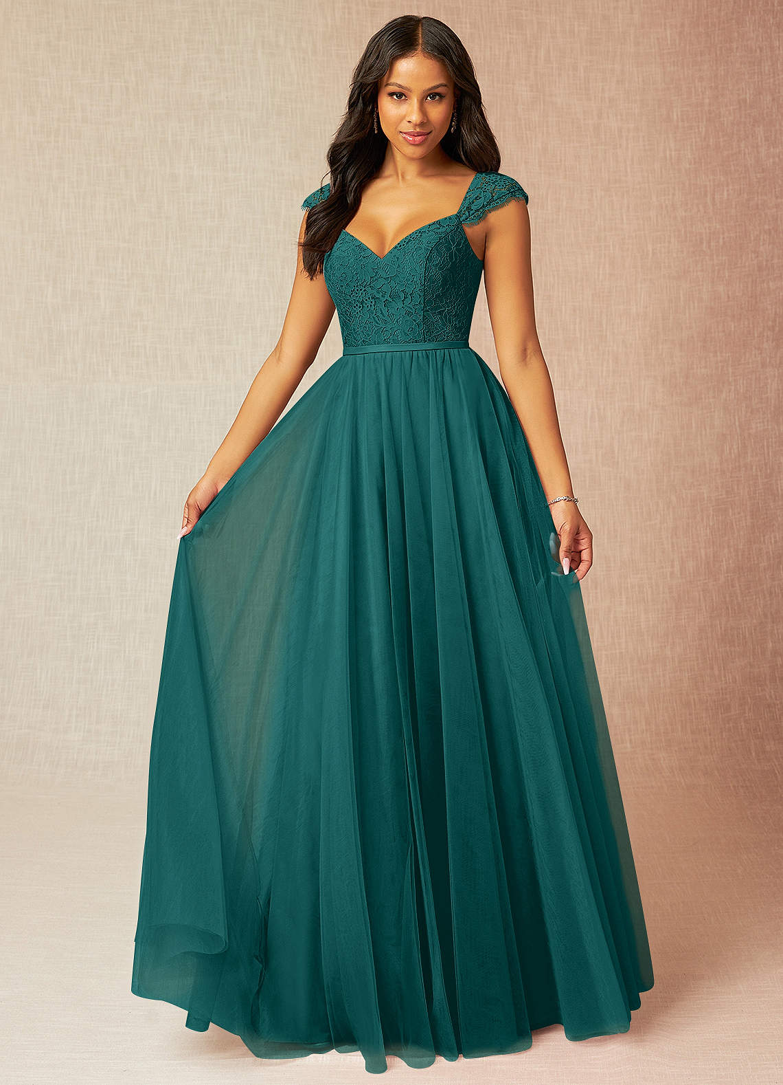Azazie Luxi Bridesmaid Dresses Peacock A-Line Pleated Tulle Dress image1