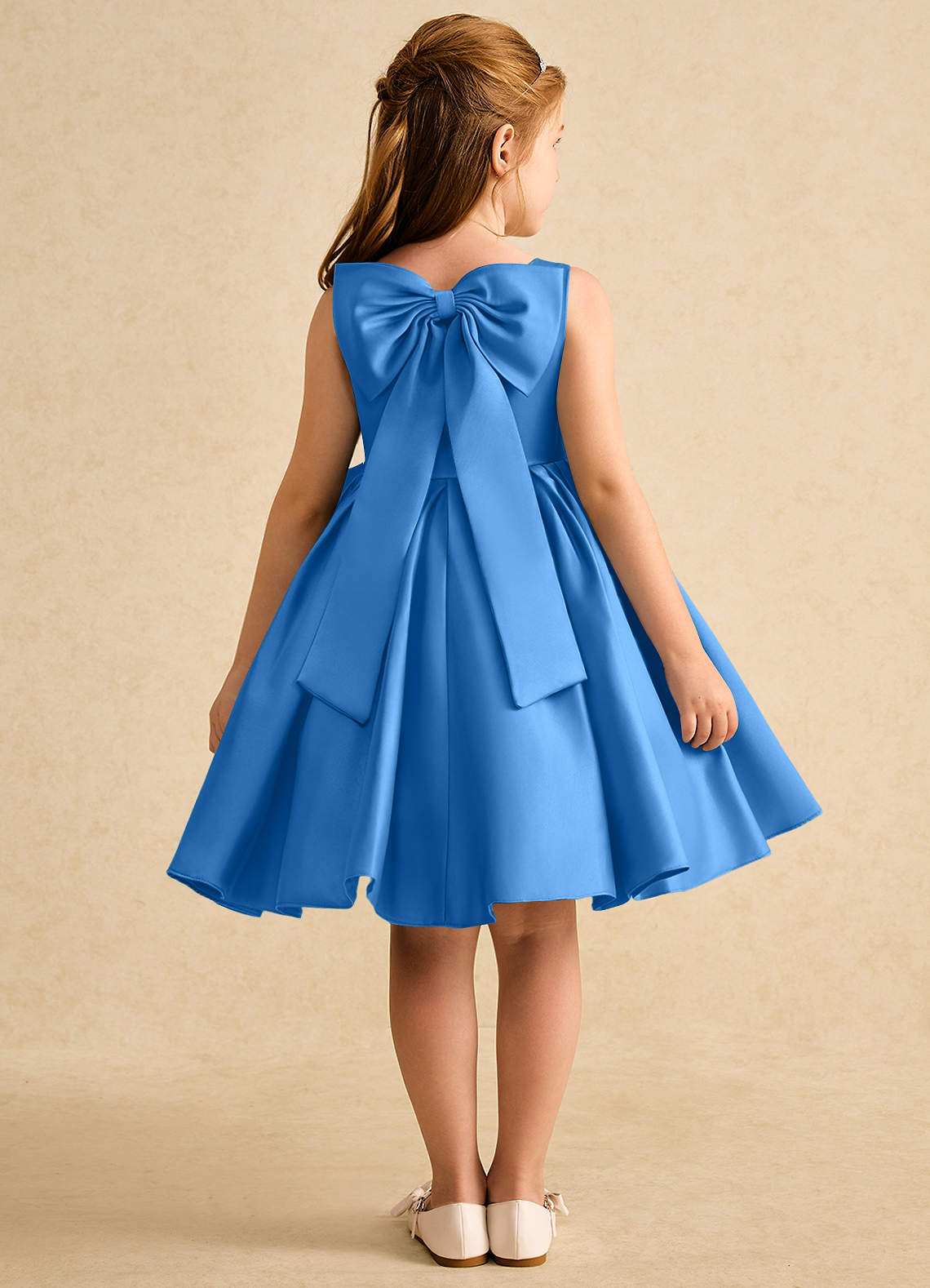 Azazie Jessie Blumenmädchenkleider A-Linie Schleifen Matte Satin Kleid Blauhäher image1