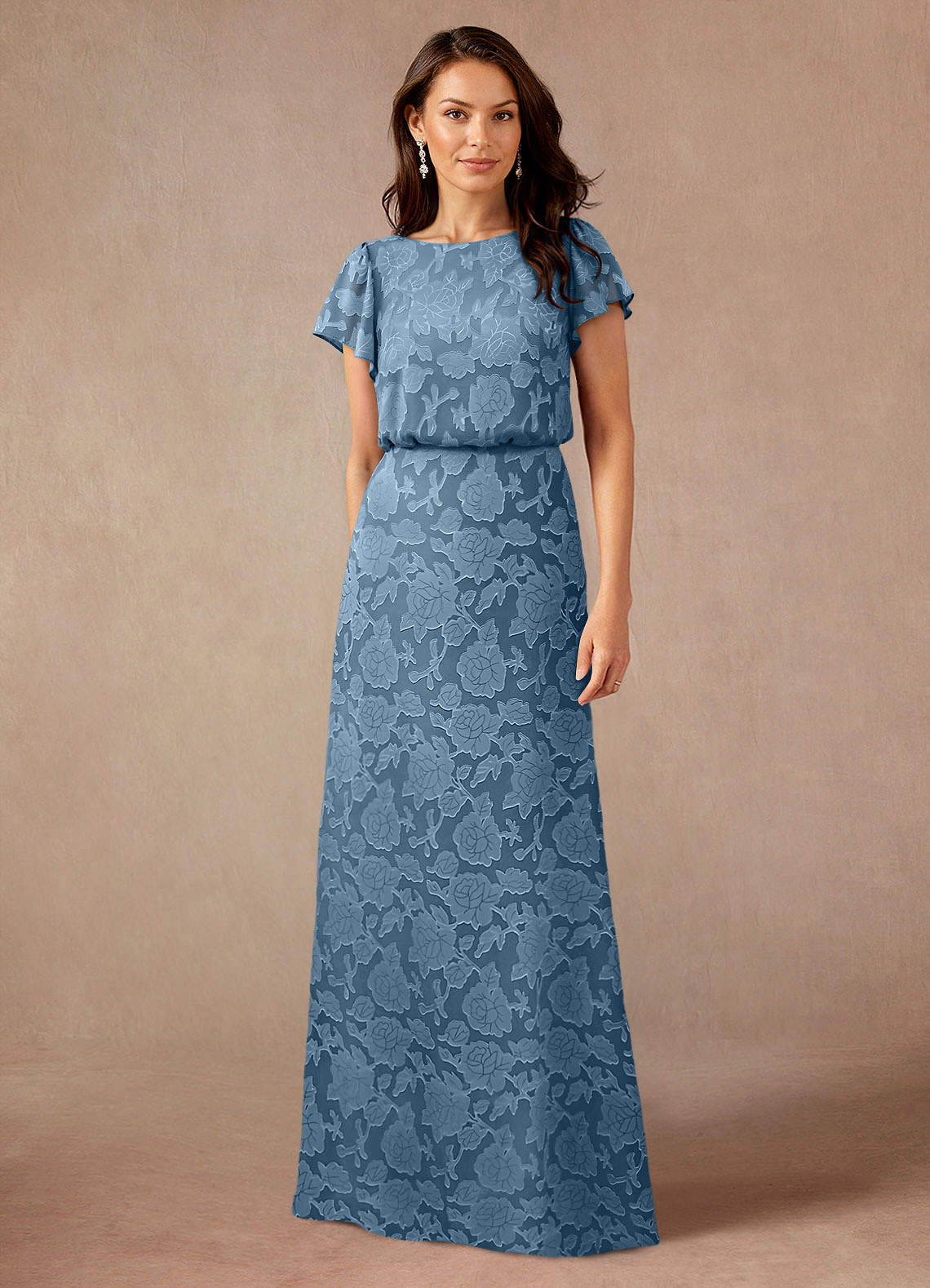 Azazie Lehi Mother of the Bride Dresses Steel Blue A-Line Boatneck Floral Burnout Dress image1