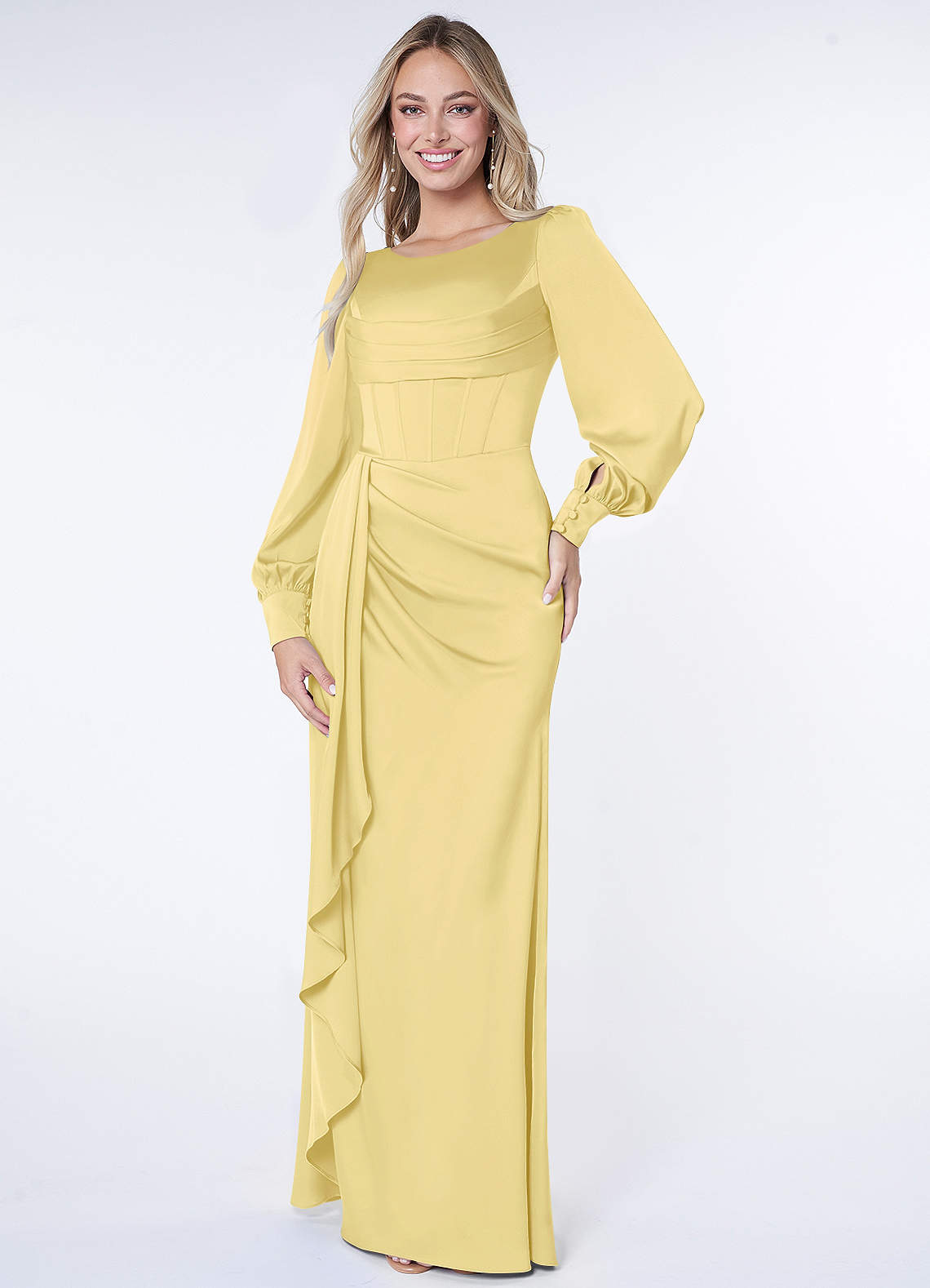Azazie Raye Bridesmaid Dresses Lemon Sorbet Mermaid Long Sleeve Stretch Satin Dress image1