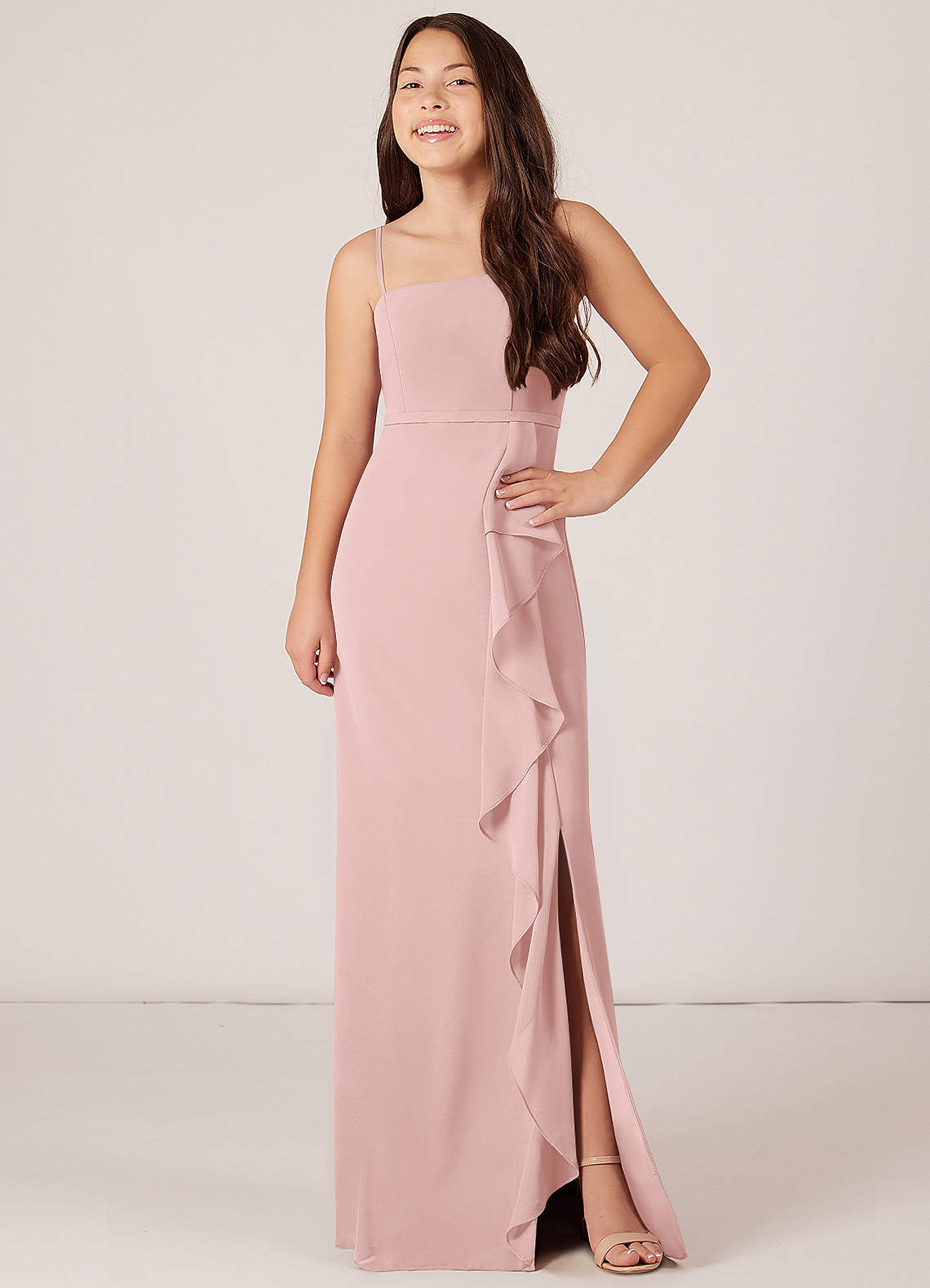Azazie Kaylee Junior Abito A-Line in Chiffon Spacco laterale Rosa Cipria image3