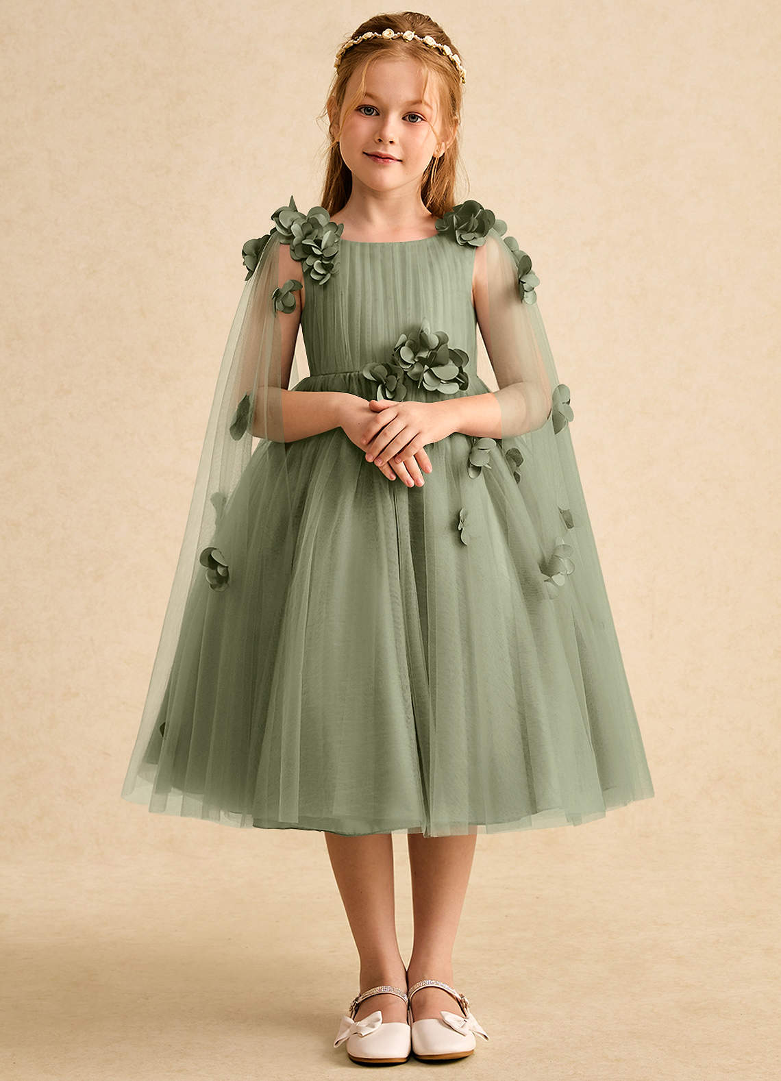 Azazie Staria Abiti da Ragazza di Fiori Abito Principessa in Tulle Increspato Pistacchio image1