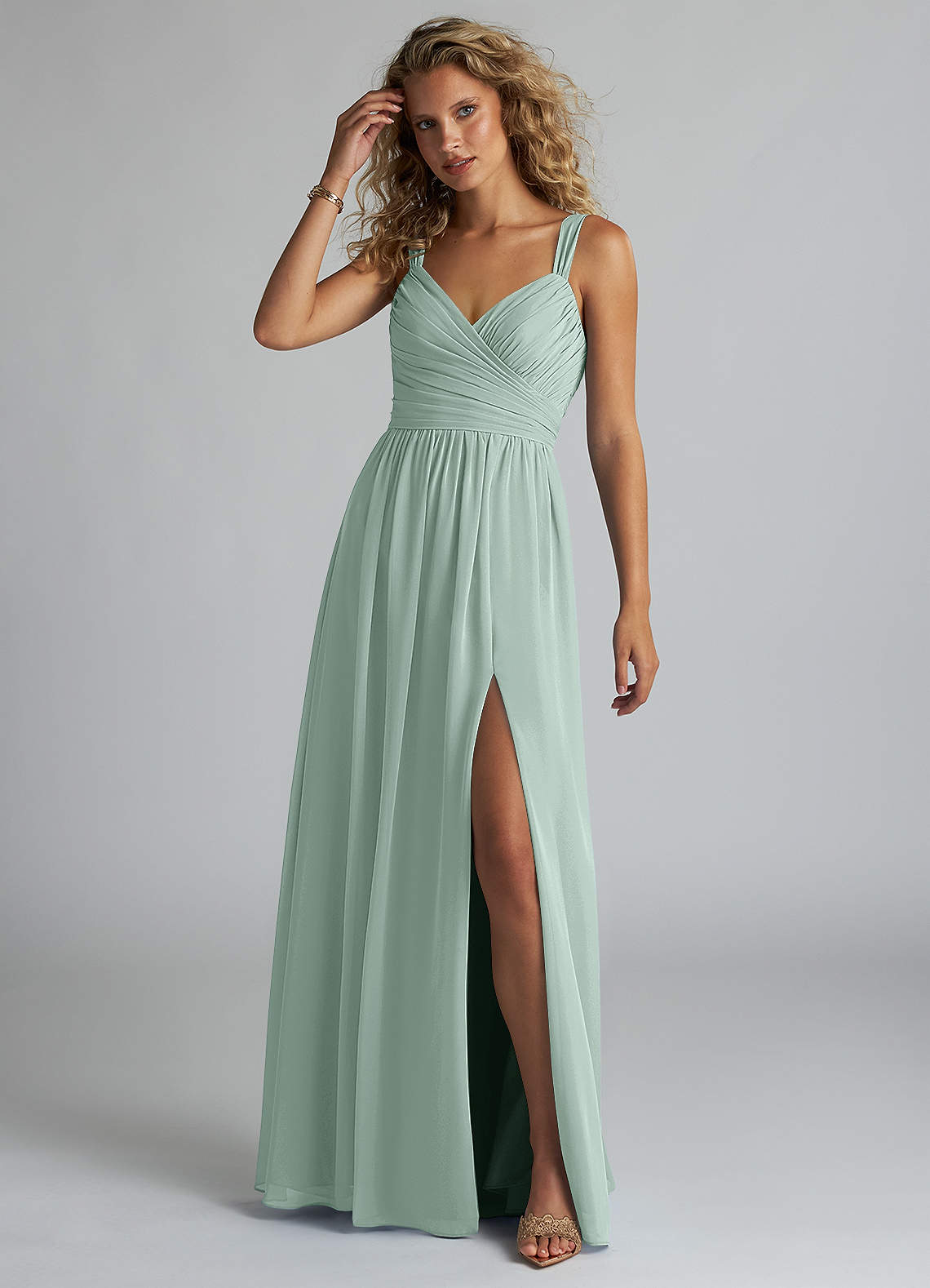 Azazie Aziza Bridesmaid Dresses Agave A-Line V-Neck Pleated Chiffon Dress image1