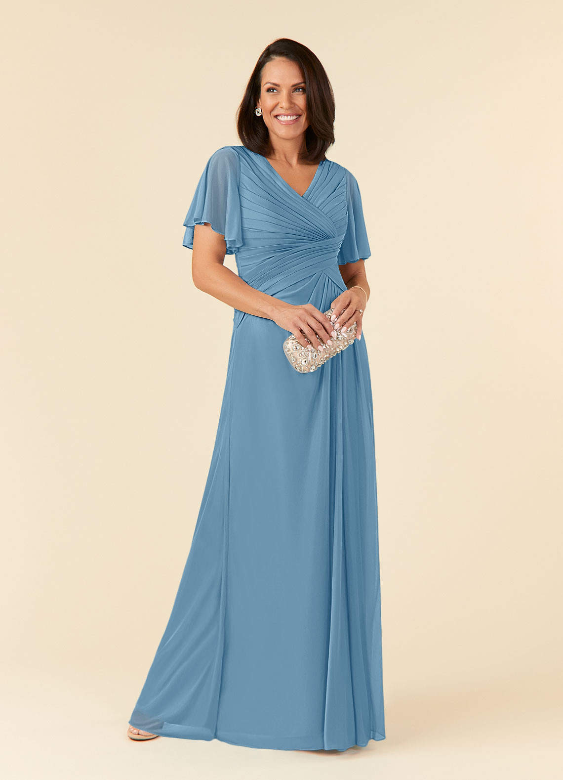 Azazie Emmeline Mother of the Bride Dresses Steel Blue A-Line V-Neck Pleated Mesh Dress image1